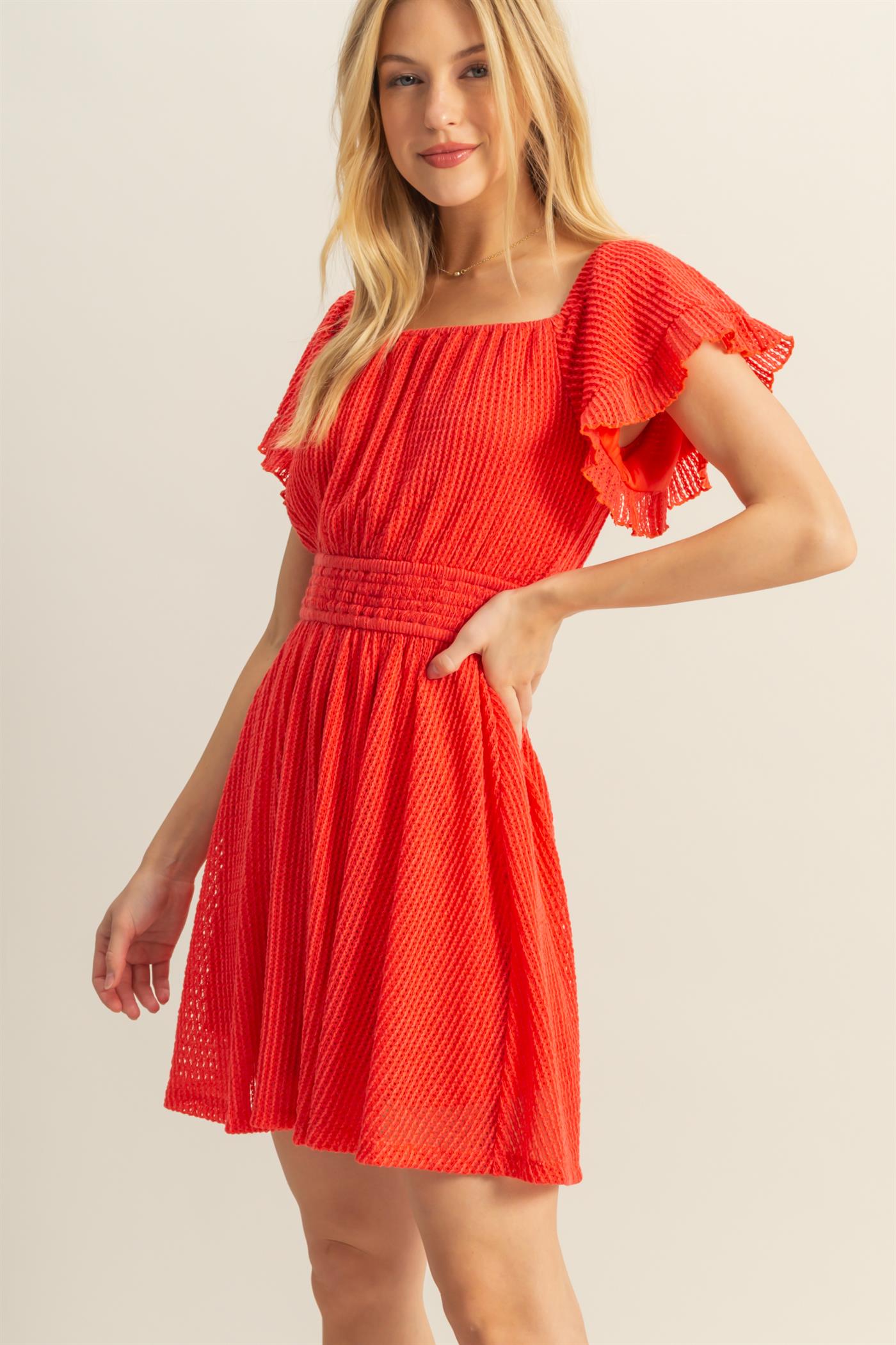 Wholesale Crochet Off-The-Shoulder Mini Dress Dresses HF25E125 CORAL HYFVE