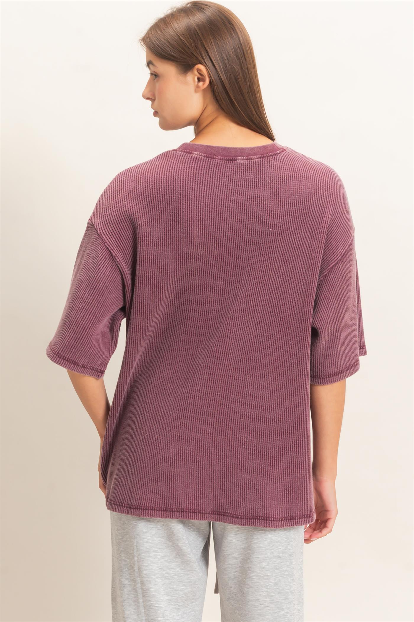 Wholesale Mineral Wash Waffle Crew Neck Short Sleeve Top Clothing Tops DZ26E328 DARK CHERRY DOUBLE ZERO