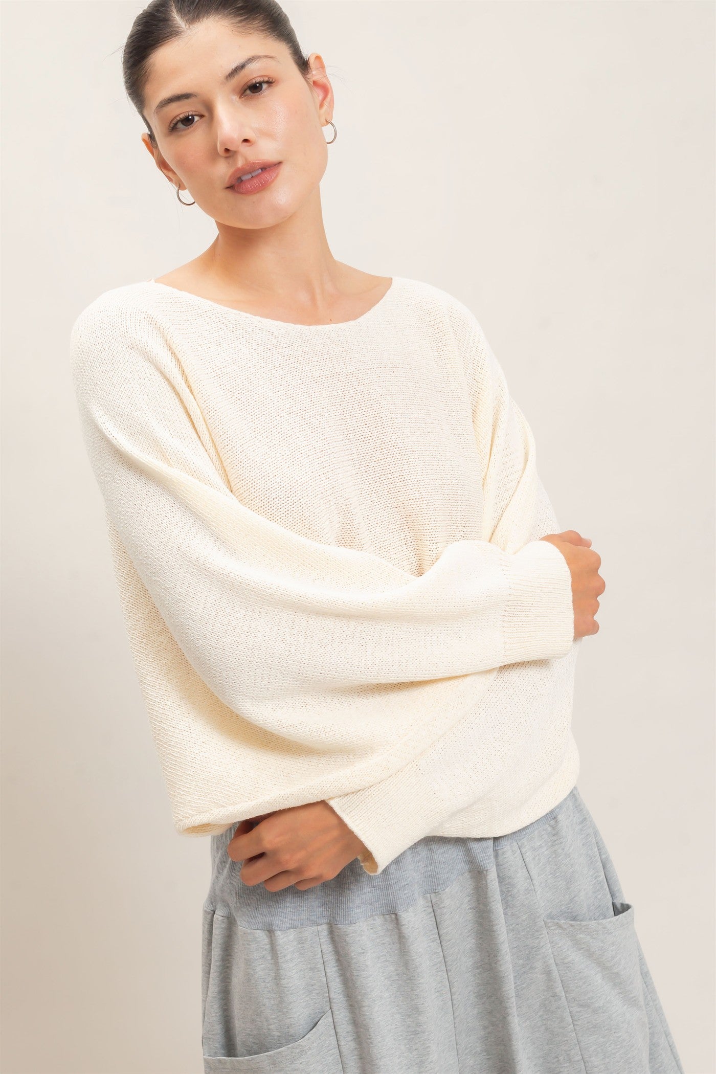 Wholesale Loose Knit Boat Neck Sweater Sweaters HF26E896 IVORY CREAM HYFVE