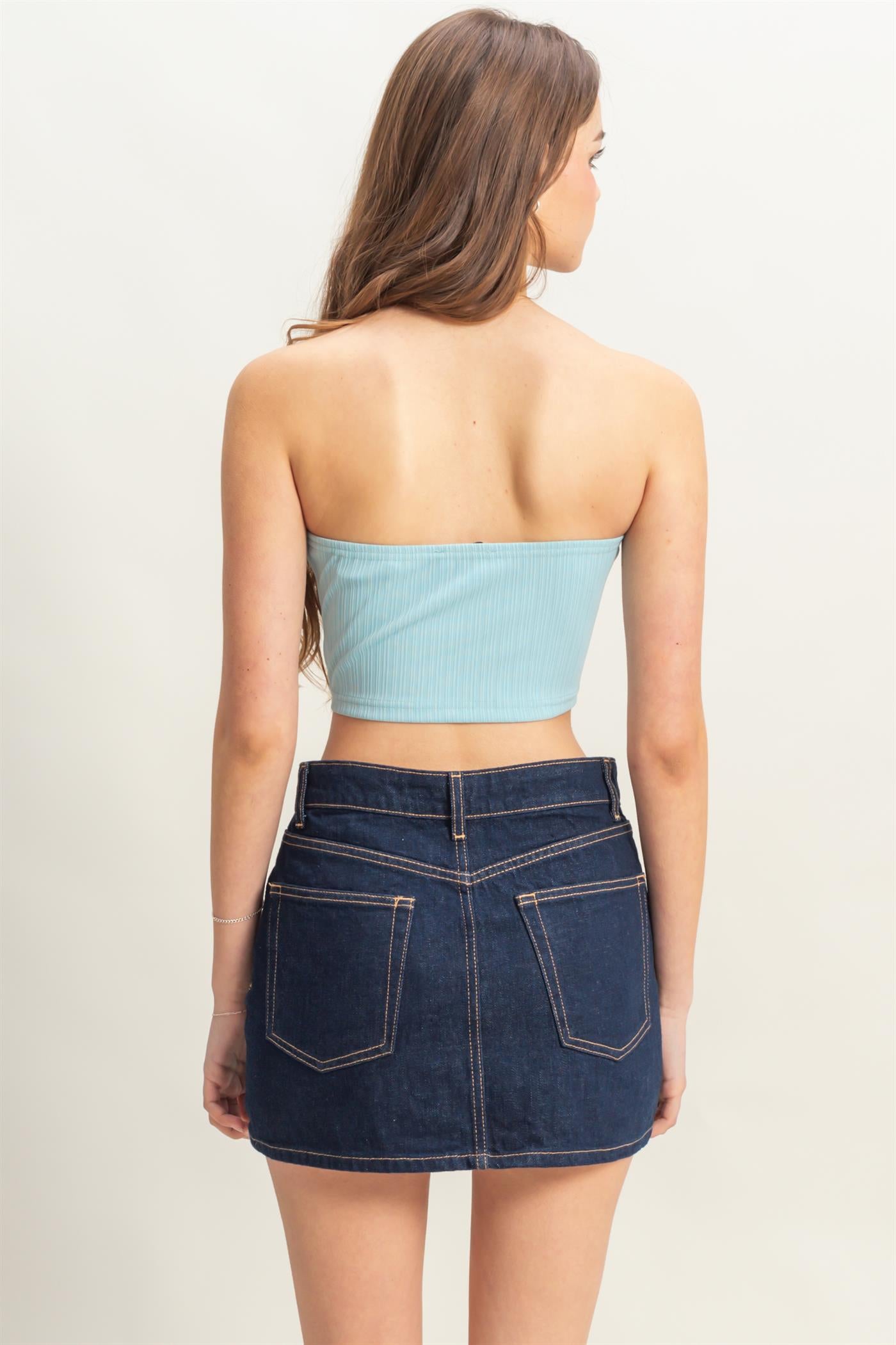 Wholesale Buttoned Front Strapless Knit Bustier Top Clothing Tops HF25A209 AQUA HYFVE