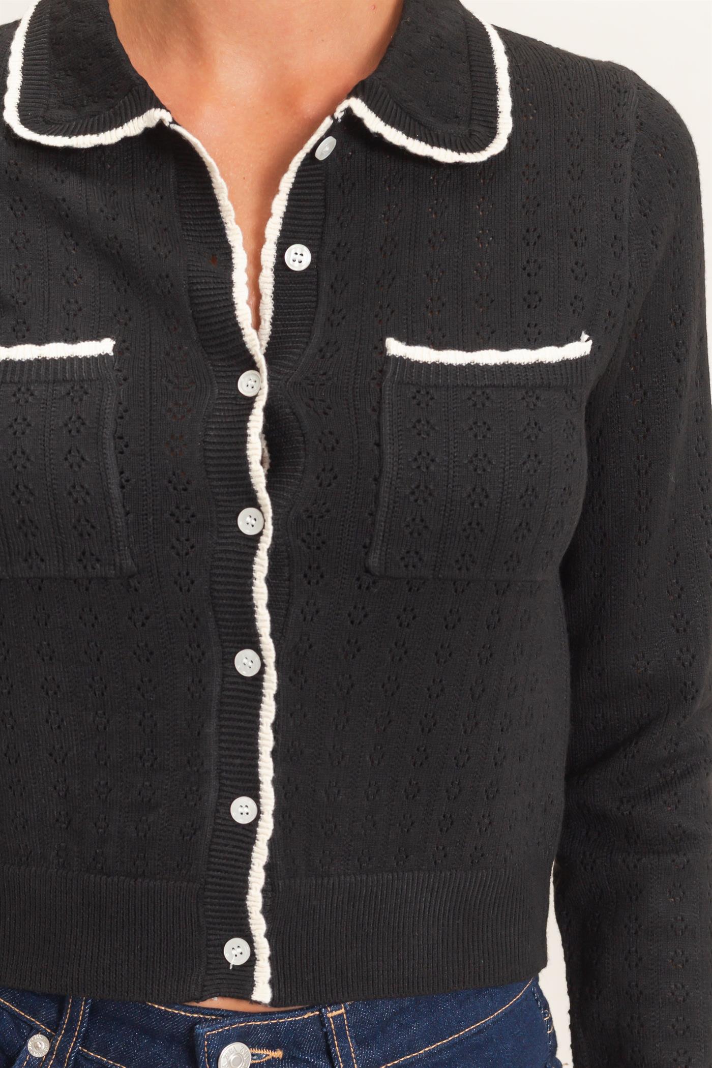 Wholesale Collared Pointelle Knit Cardigan Sweaters DZ26E101 BLACK DOUBLE ZERO