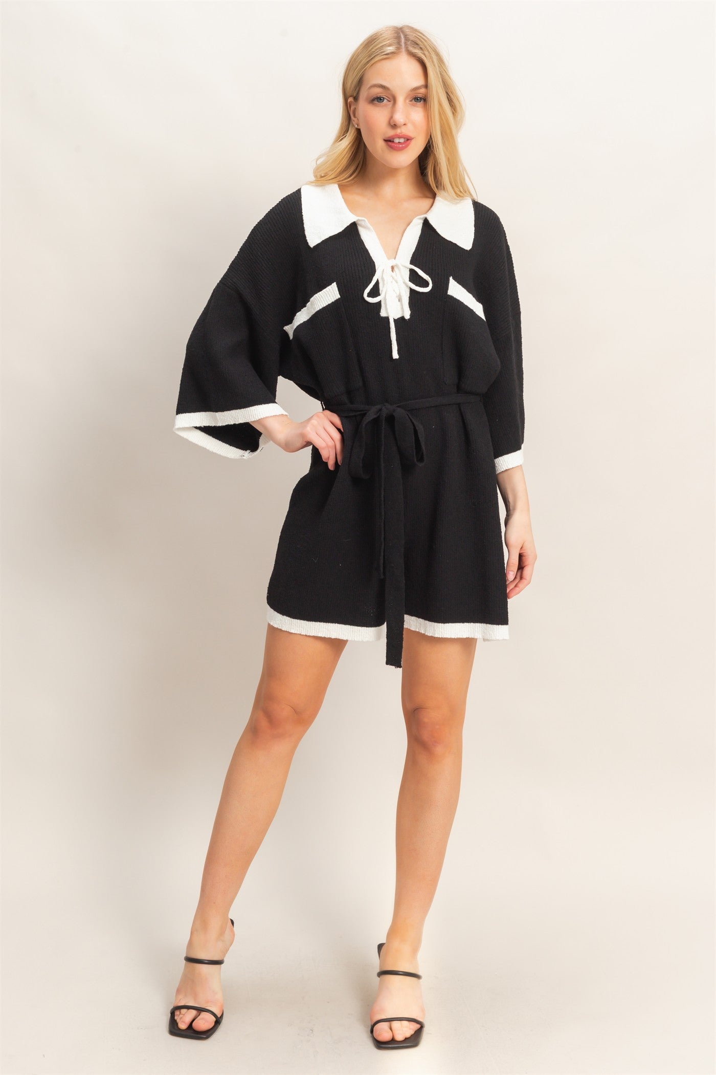 Wholesale Knit Romper With Contrast Tie Clothing HF26A408 BLACK HYFVE