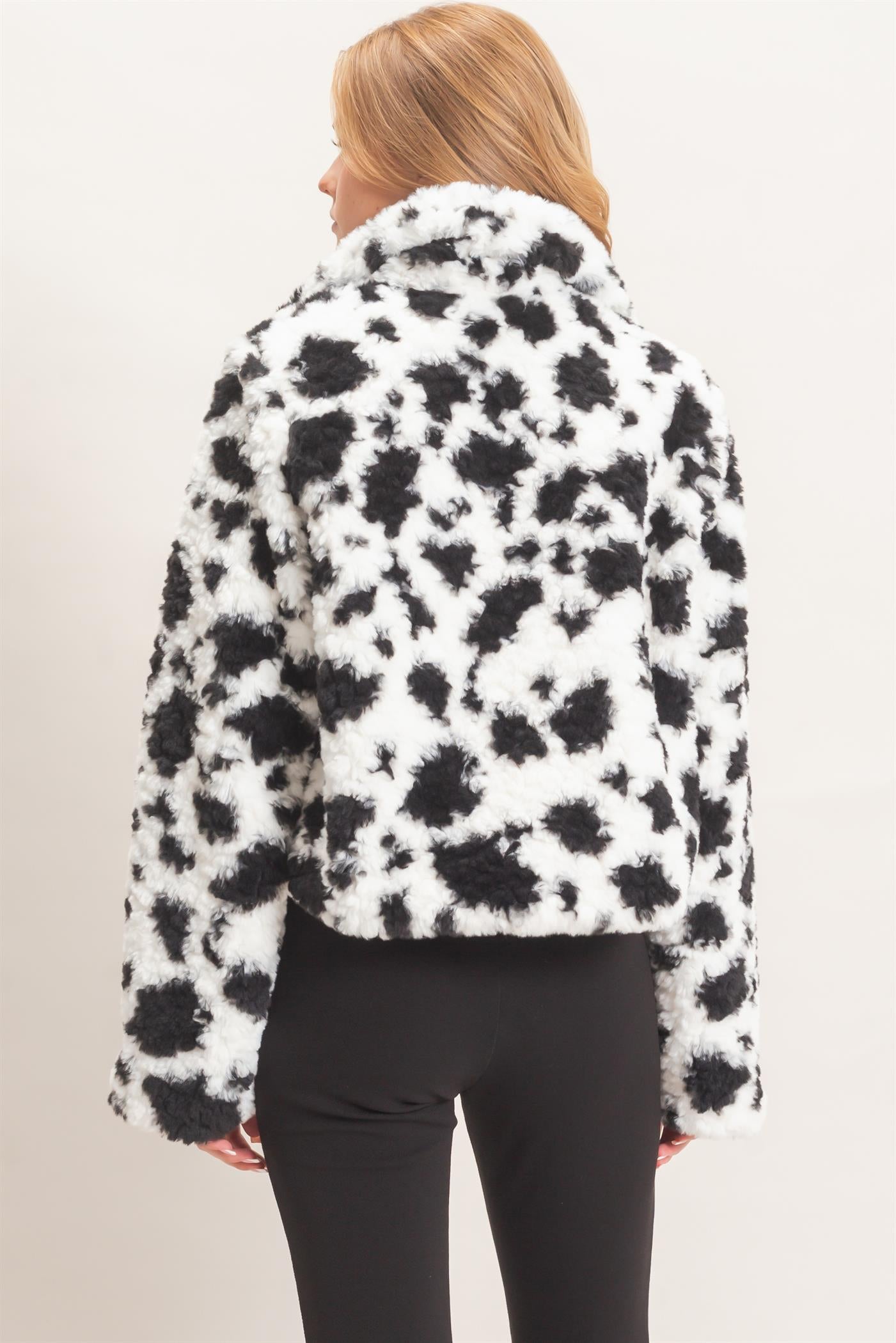 Wholesale Cow Print Faux Fur Zip-Up Jacket Coats & Jackets HF26F056 BLACK HYFVE