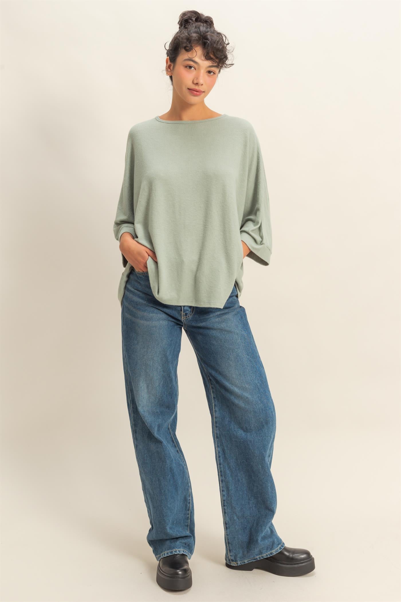 Wholesale Batwing 3/4 Sleeve Oversized Top Clothing Tops DZ25E133 SAGE GREEN DOUBLE ZERO