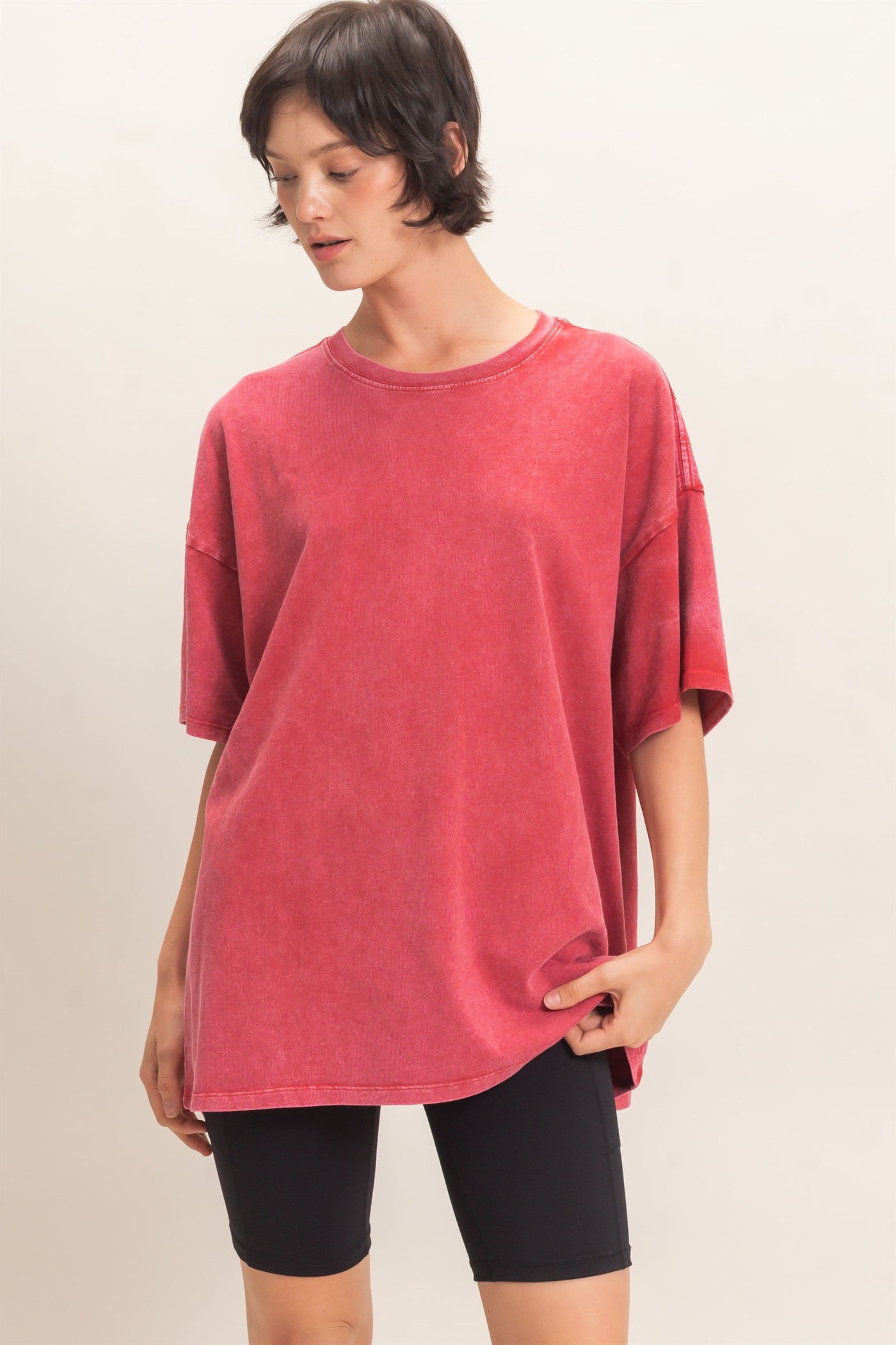 Wholesale Mineral Wash Oversized Crew Neck T-Shirts Clothing Tops DZ26C961 DARK RED DOUBLE ZERO