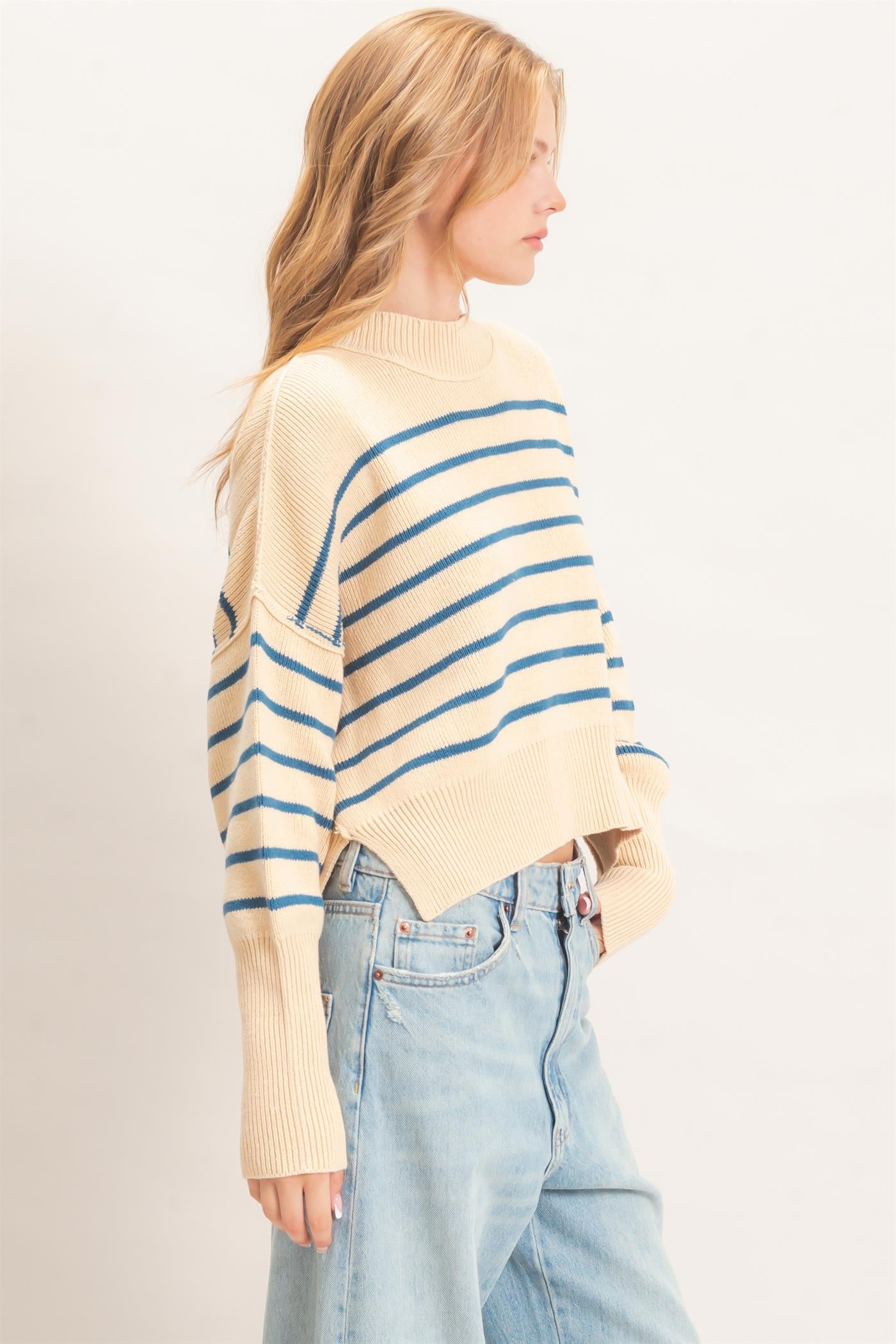 Wholesale Striped Mock Neck Cropped Sweater Sweaters HF26F192 BLUE HYFVE
