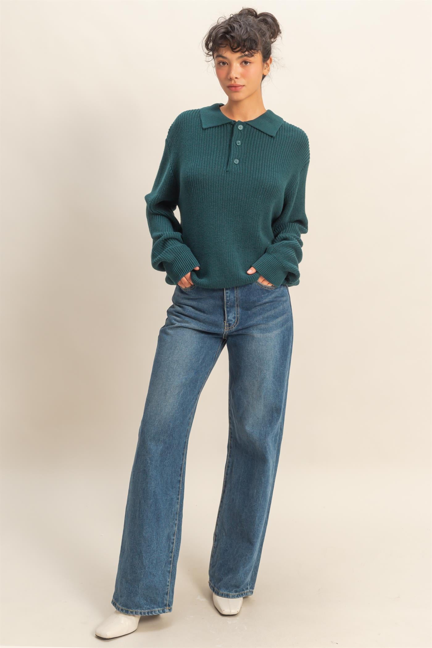 Wholesale Oversized Collar Sweater Sweaters DZ25E823 DEEP GREEN DOUBLE ZERO