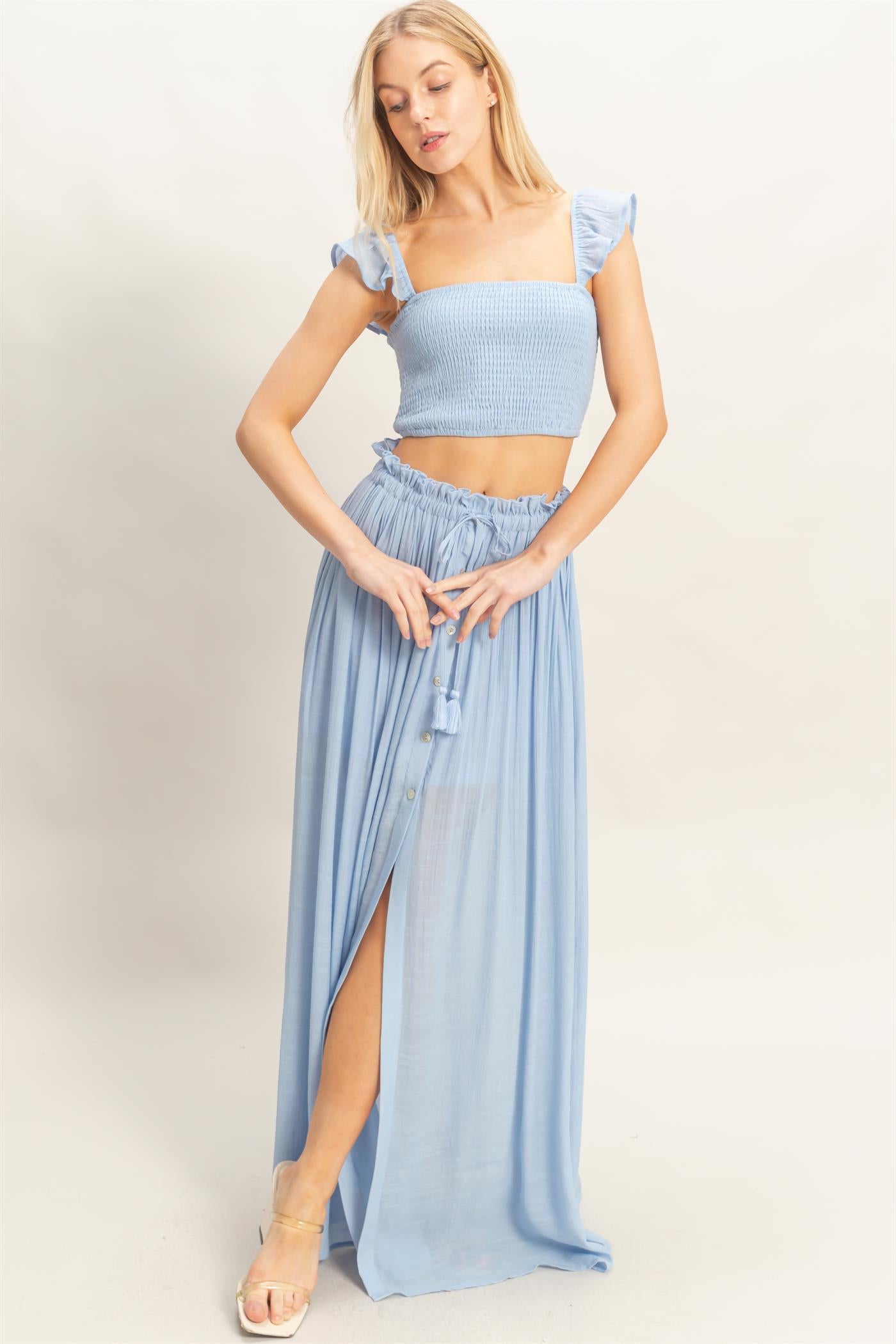 Wholesale Smocked Top & Maxi Skirt Set Clothing HF26C292-SET-D POWDER BLUE HYFVE