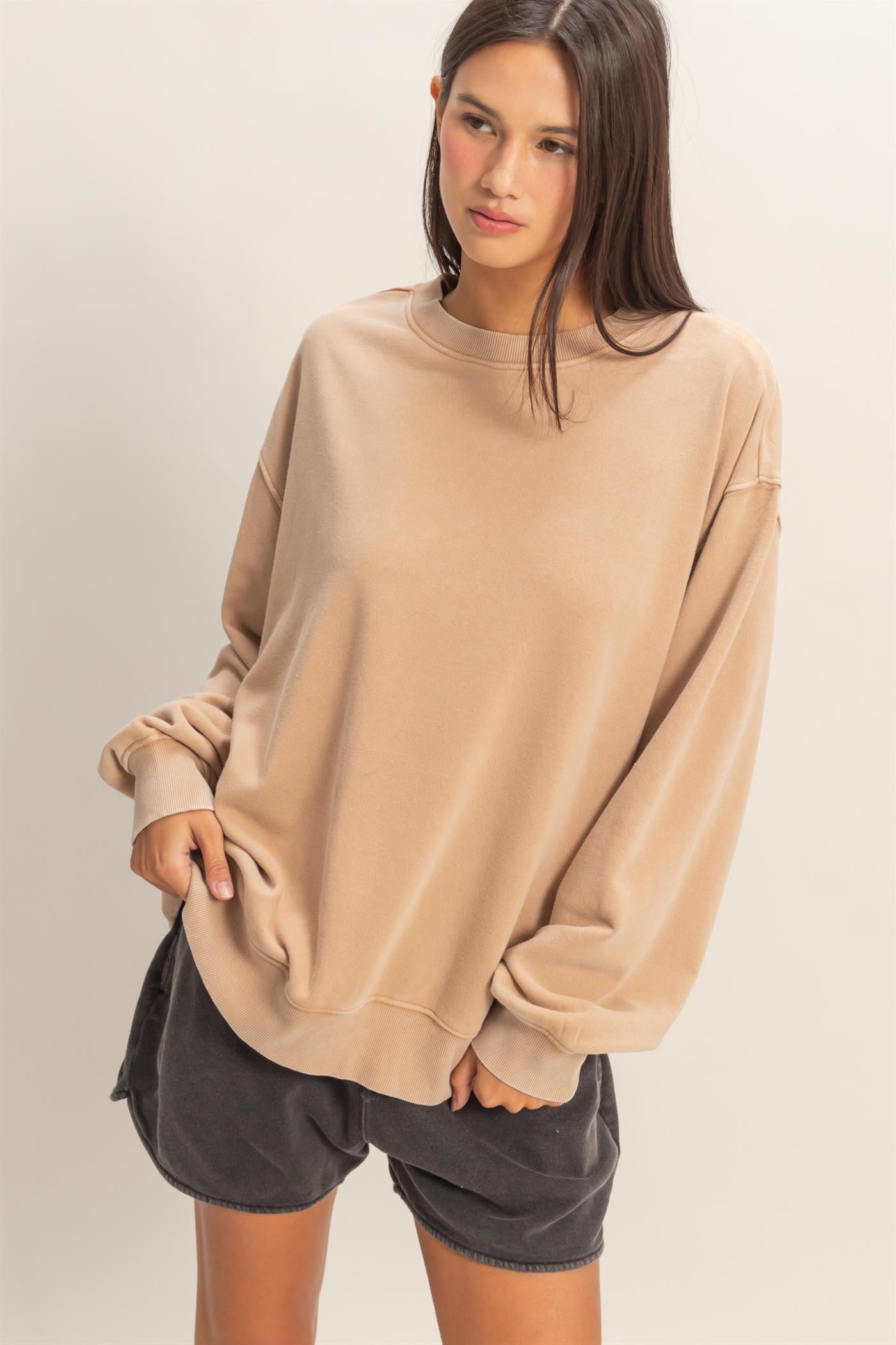Wholesale Mineral Washed Crew Neck Sweatshirt Sweatshirts DZ26A262 DARK TAUPE DOUBLE ZERO