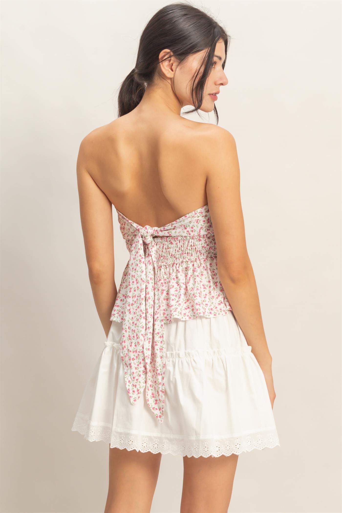 Wholesale Floral Strapless Smocked Top Shirts HF26A868 PINK HYFVE