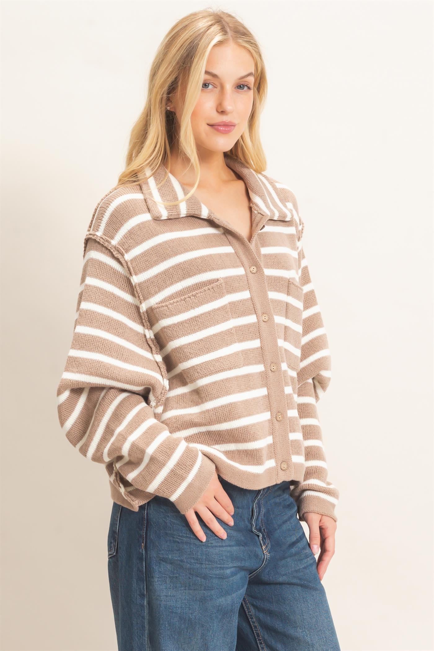 Wholesale Striped Button Front Cardigan Sweaters HF26F197 TAUPE HYFVE