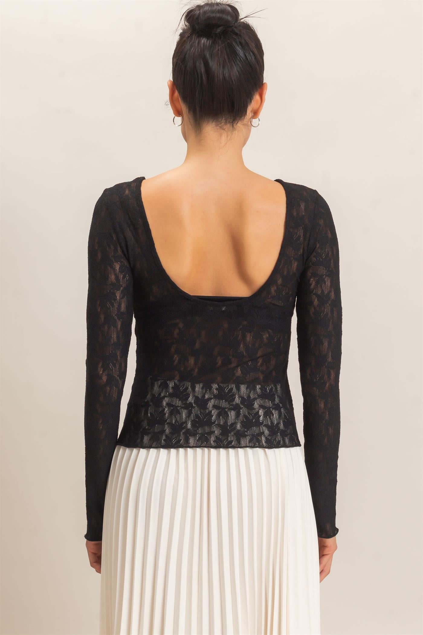 Wholesale Floral Lace Long Sleeve Top Clothing Tops HF26E309 BLACK HYFVE