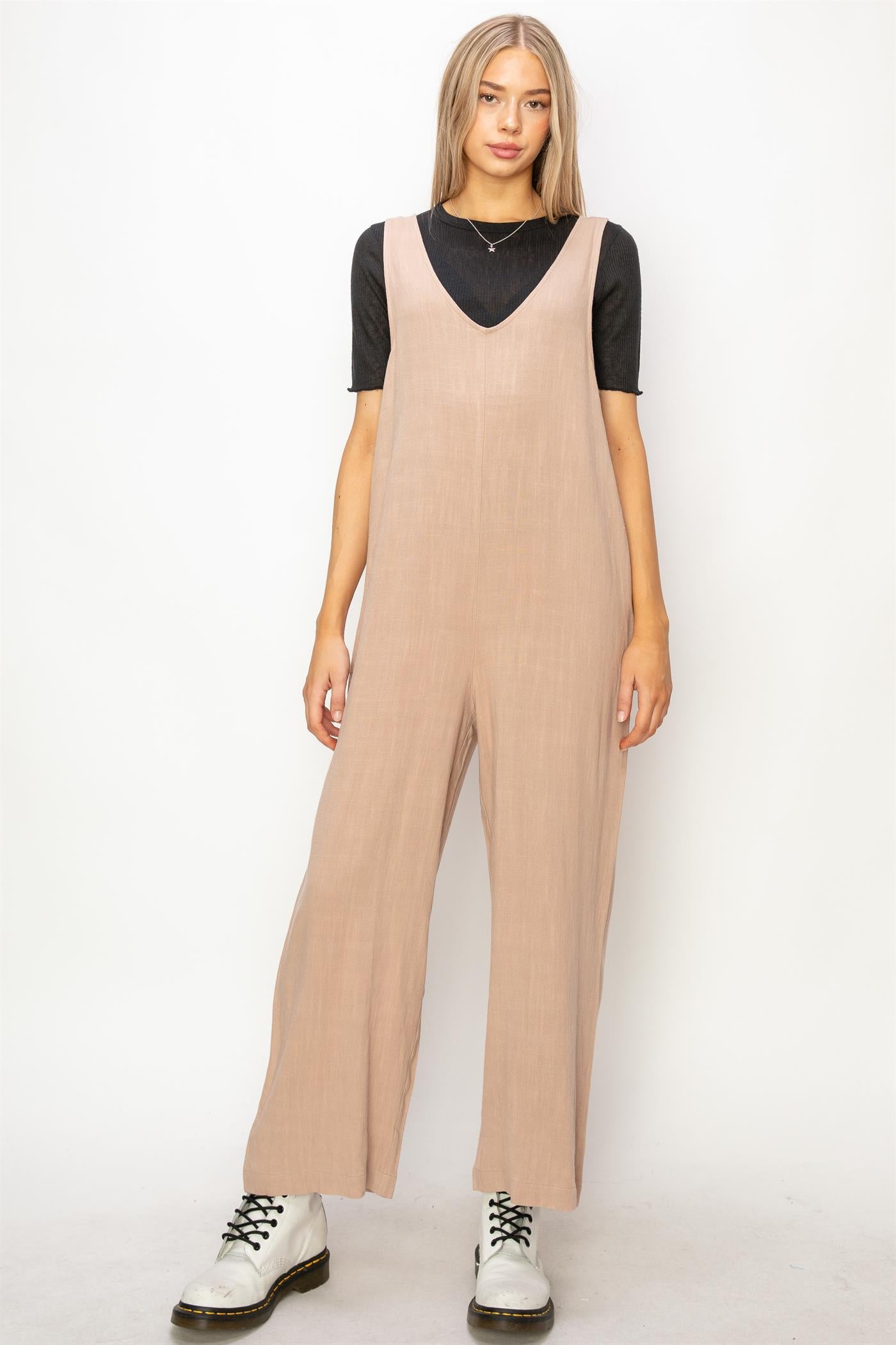 Wholesale Linen Sleeveless Jumpsuit One-Pieces DZ24A886 TAN DOUBLE ZERO