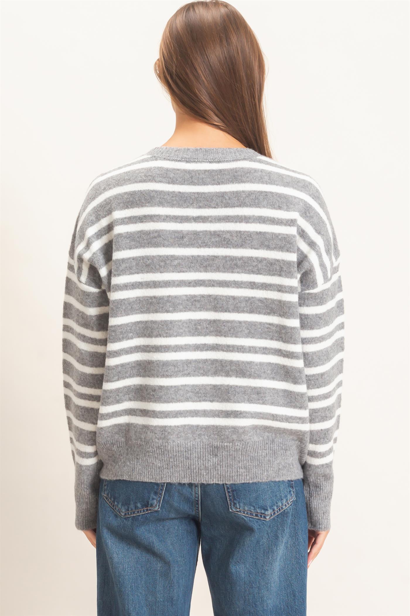 Wholesale Striped Crew Neck Sweater Sweaters DZ26E389 HEATHER GRAY DOUBLE ZERO