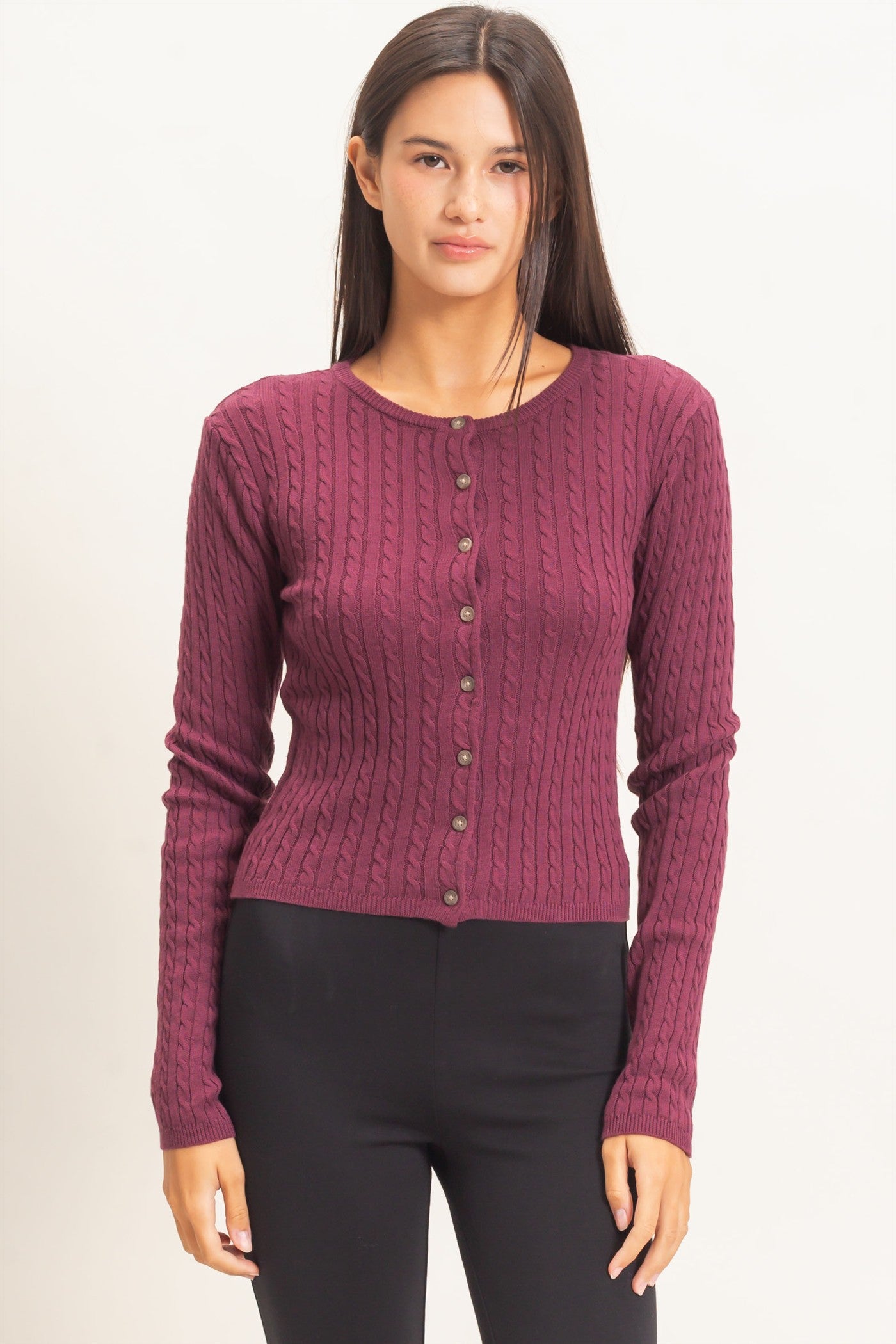 Wholesale Cable Knit Cardigan Cardigans DZ26E256 DARK CHERRY DOUBLE ZERO