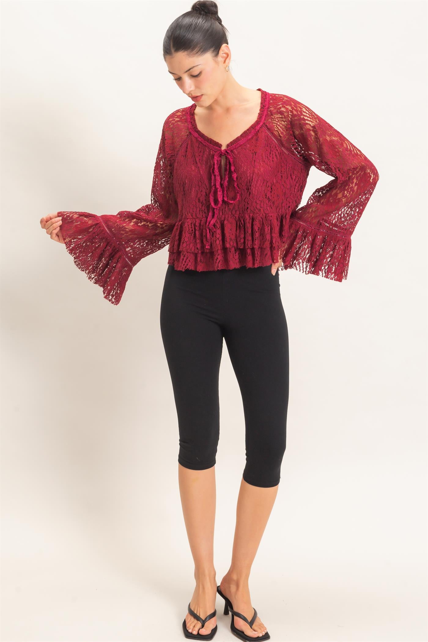 Wholesale Lace Bell Sleeve Top Blouses HF26C768 BURGUNDY HYFVE
