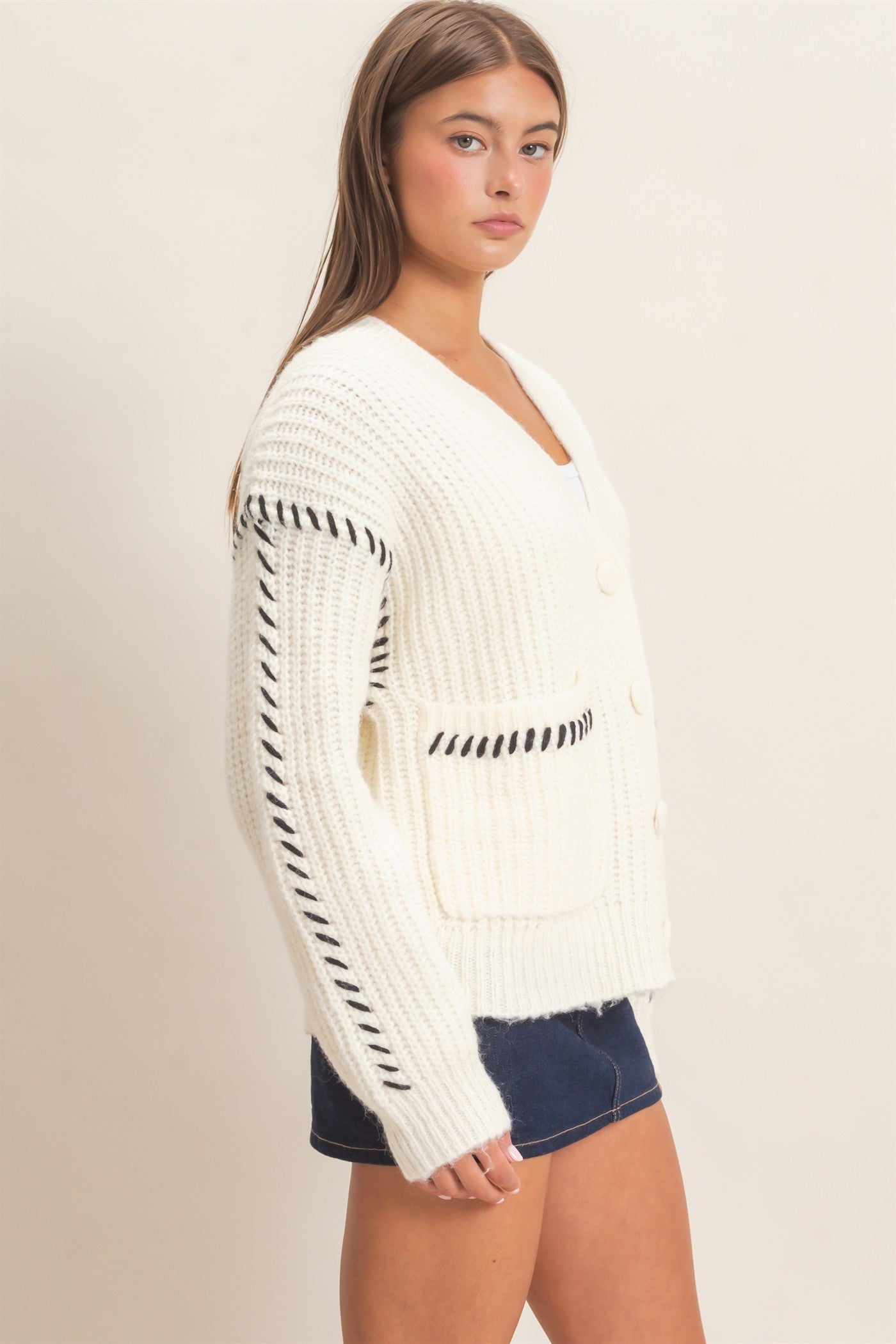 Wholesale Blanket Stitch Oversized Sweater Cardigan Cardigans DZ26E296 CREAM DOUBLE ZERO