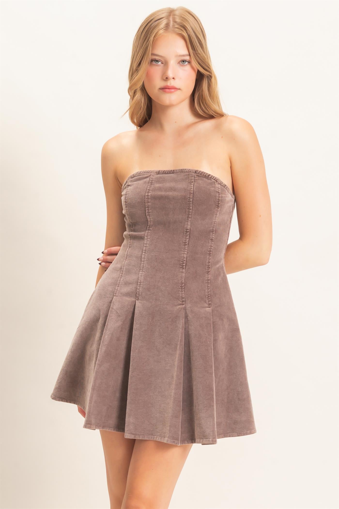 Wholesale Strapless Mineral Wash Dress Dresses HF26F215 BROWN HYFVE
