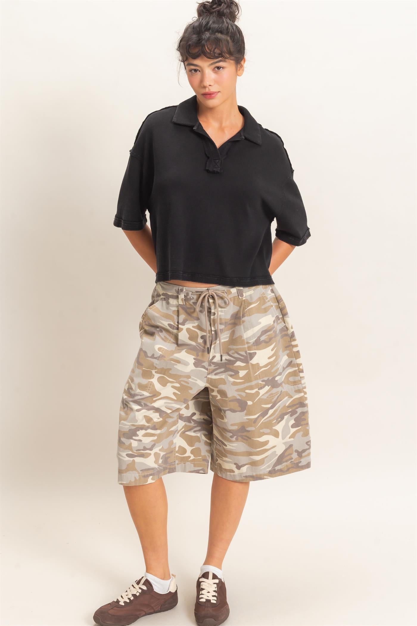 Wholesale Mineral Wash Oversized Collar Short Sleeve Top Clothing Tops DZ26E813 BLACK DOUBLE ZERO