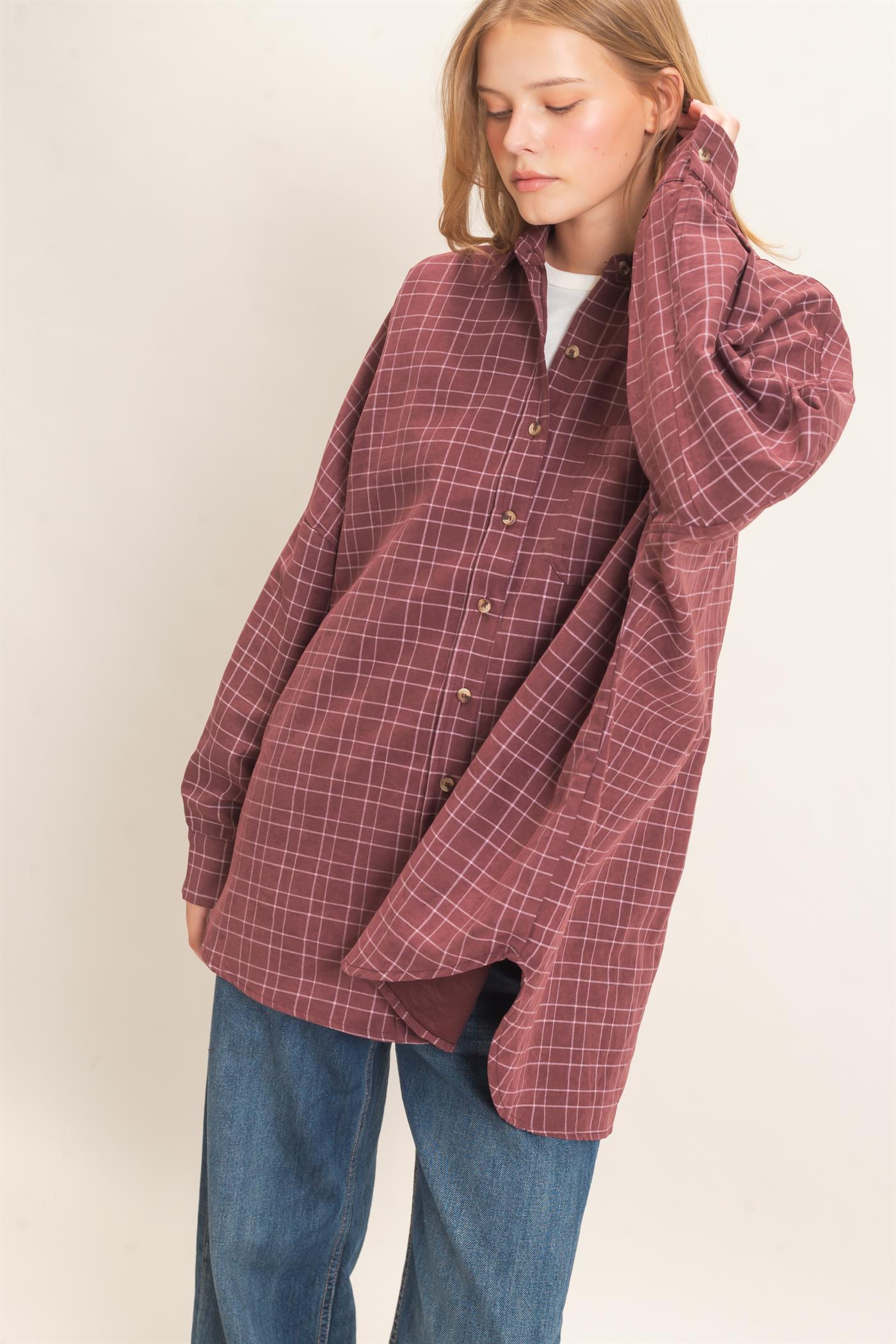 Wholesale Plaid Button-Up Shirt Shirts HF26E734 WINE HYFVE