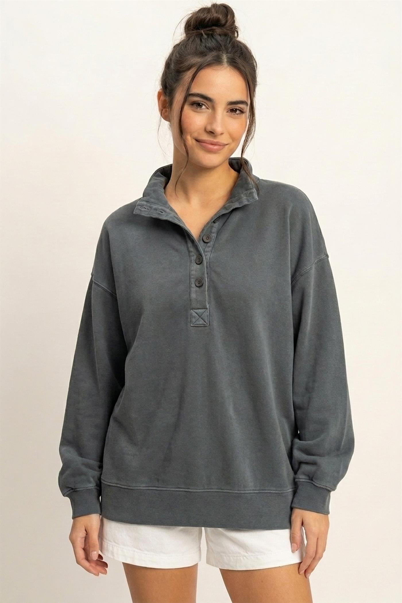 Wholesale Mineral Wash Button Front Sweatshirt Sweatshirts DZ26C909 DARK GRAY DOUBLE ZERO