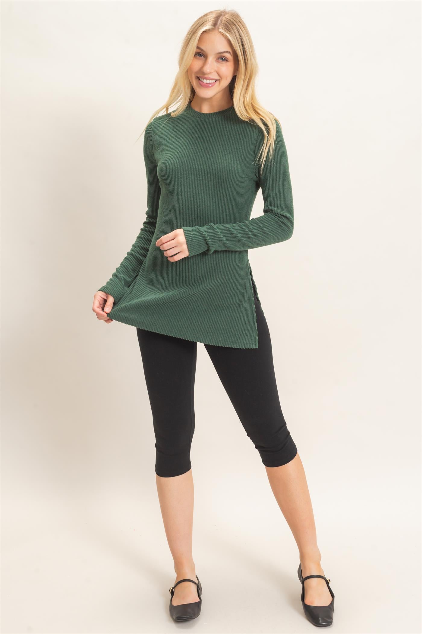 Wholesale Ribbed Crew Neck Sweater Clothing Tops HF26F034 GREEN HYFVE