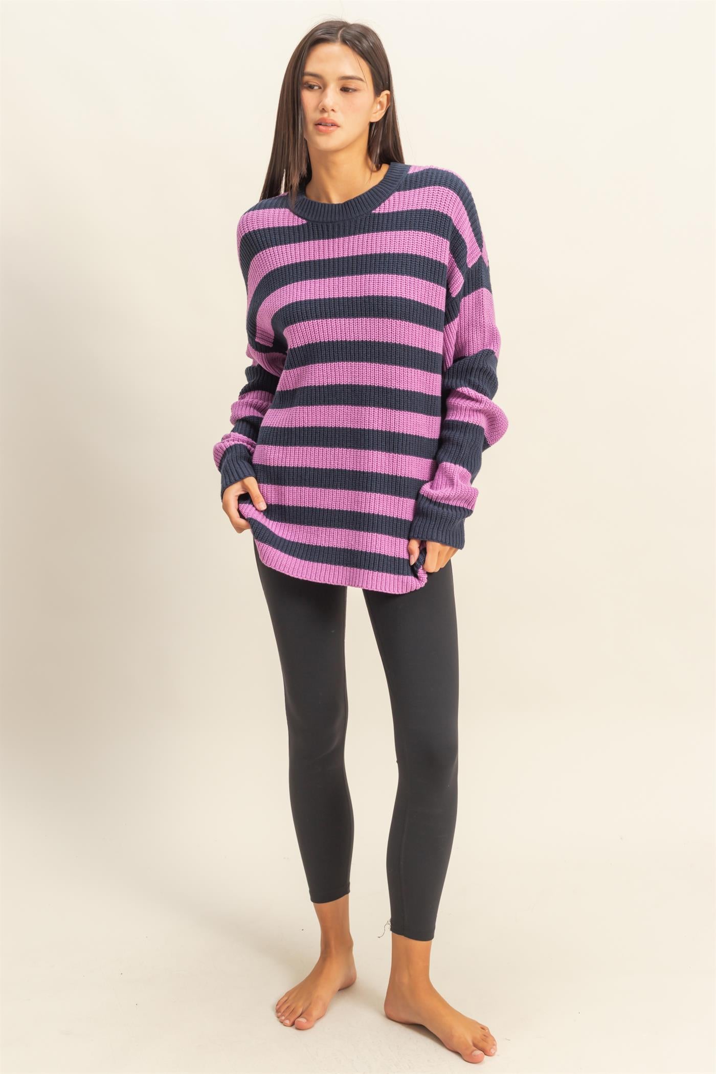 Wholesale Striped Long Sleeve Sweater Clothing Tops DZ23F071 NAVY / PURPLE DOUBLE ZERO