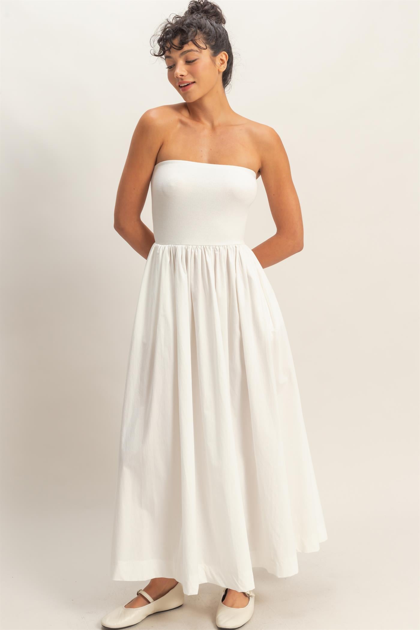 Wholesale Strapless Flowy Midi Dress Dresses DZ26A744 WHITE DOUBLE ZERO