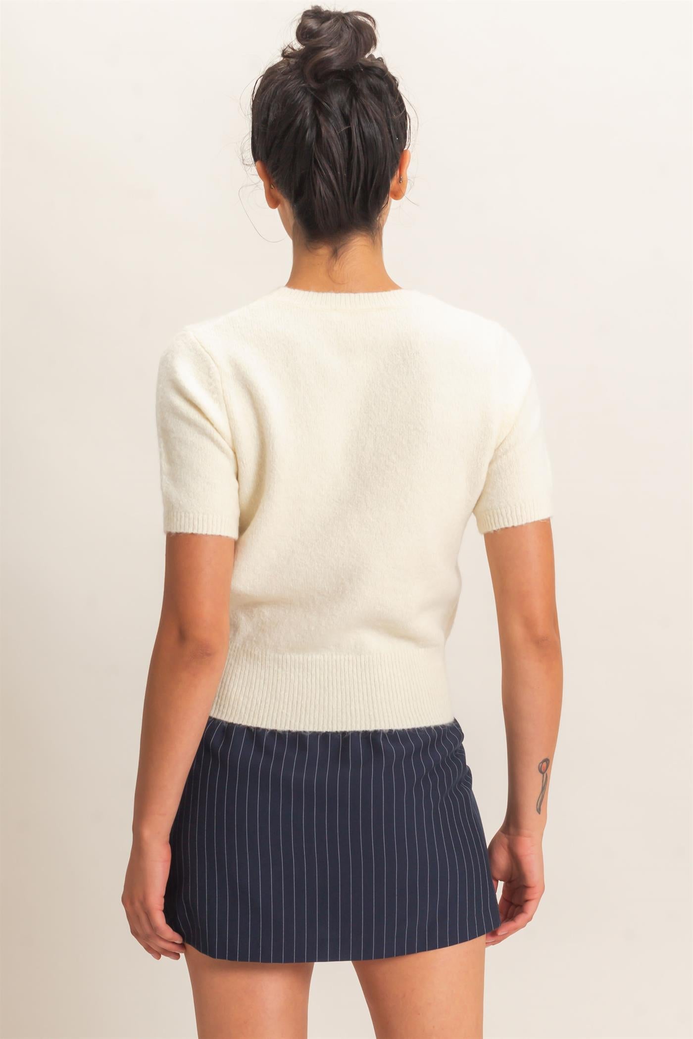 Wholesale Crew Neck Short Sleeve Knit Top Clothing Tops DZ26E944 CREAM DOUBLE ZERO