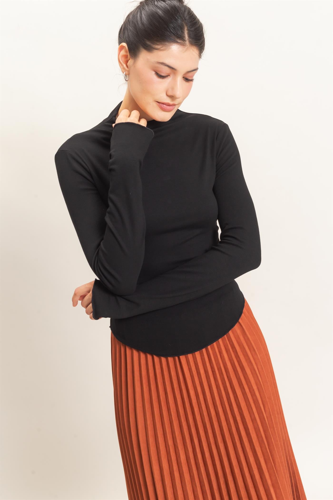 Wholesale Long Sleeve Lettuce Hem Top Clothing Tops HF26F122 BLACK HYFVE