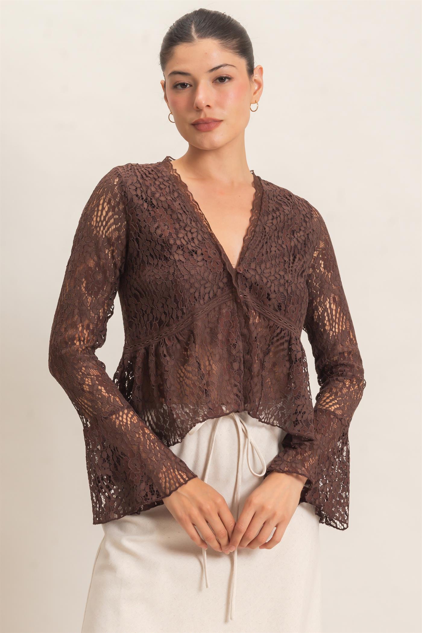 Wholesale Lace V-Neck Peplum Top Clothing Tops HF26E560 BROWN HYFVE