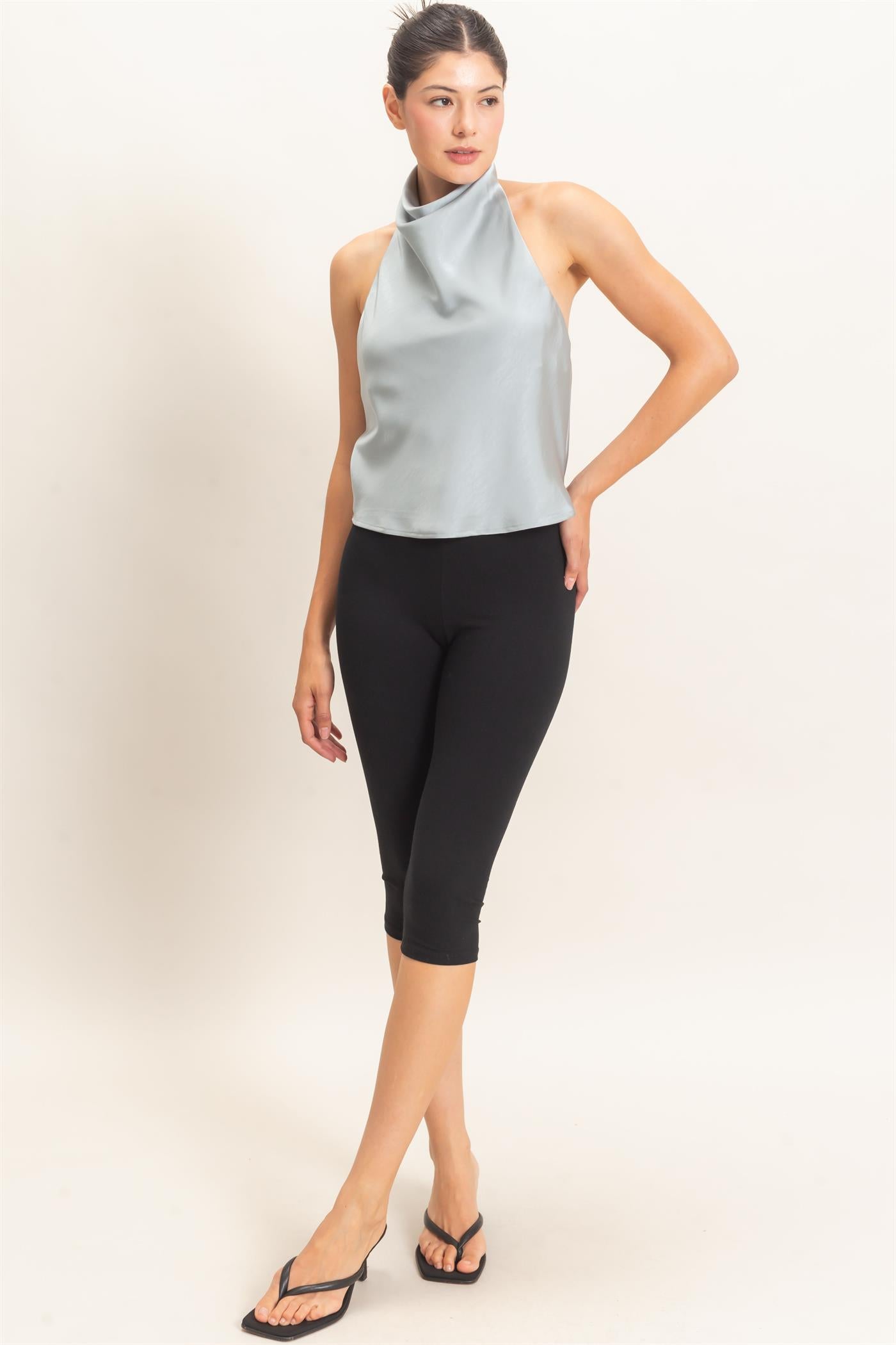 Wholesale Draped Halter Satin Top Blouses HF26E632 MISTY BLUE HYFVE