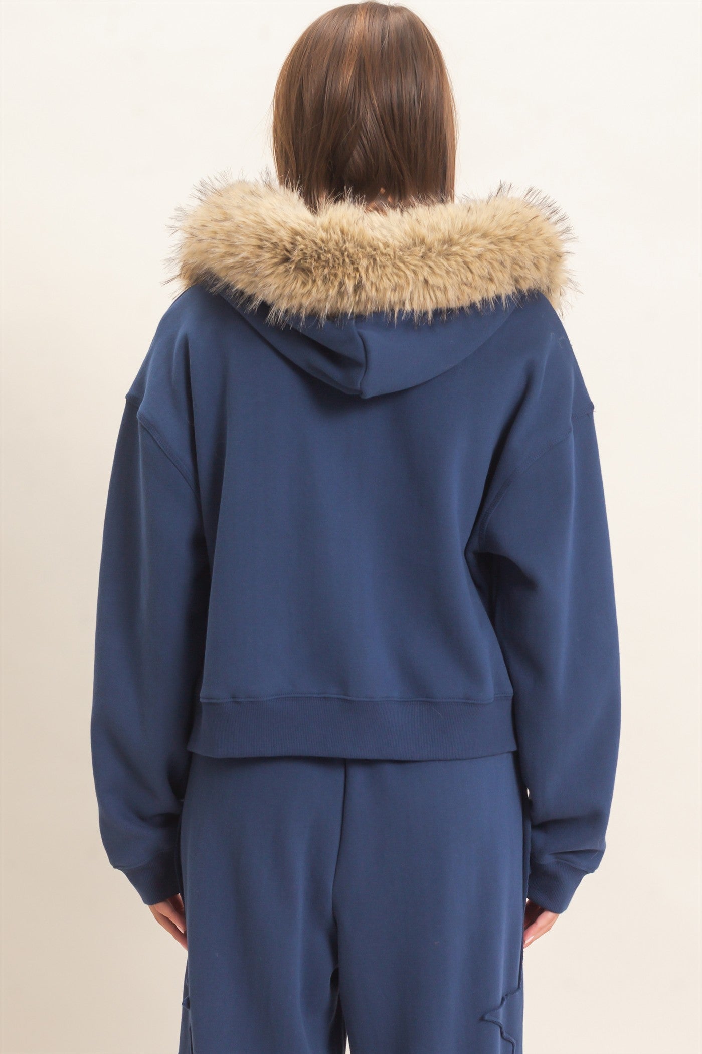 Wholesale Detachable Fur Zip Up Hoodie Hoodies DZ26F396 NAVY DOUBLE ZERO