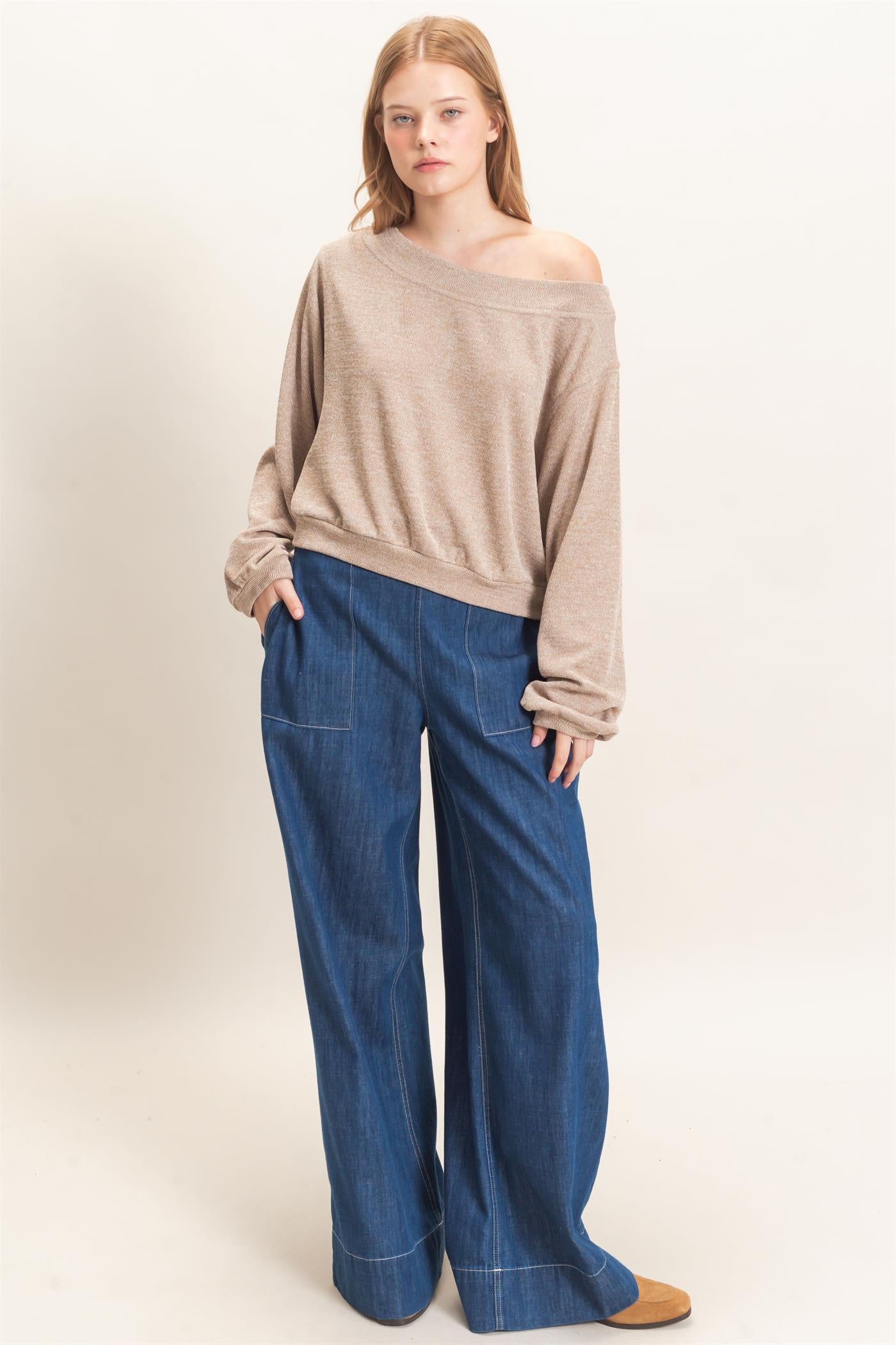 Wholesale Off Shoulder Knit Sweatshirt Blouses HF26F028 TAUPE HYFVE