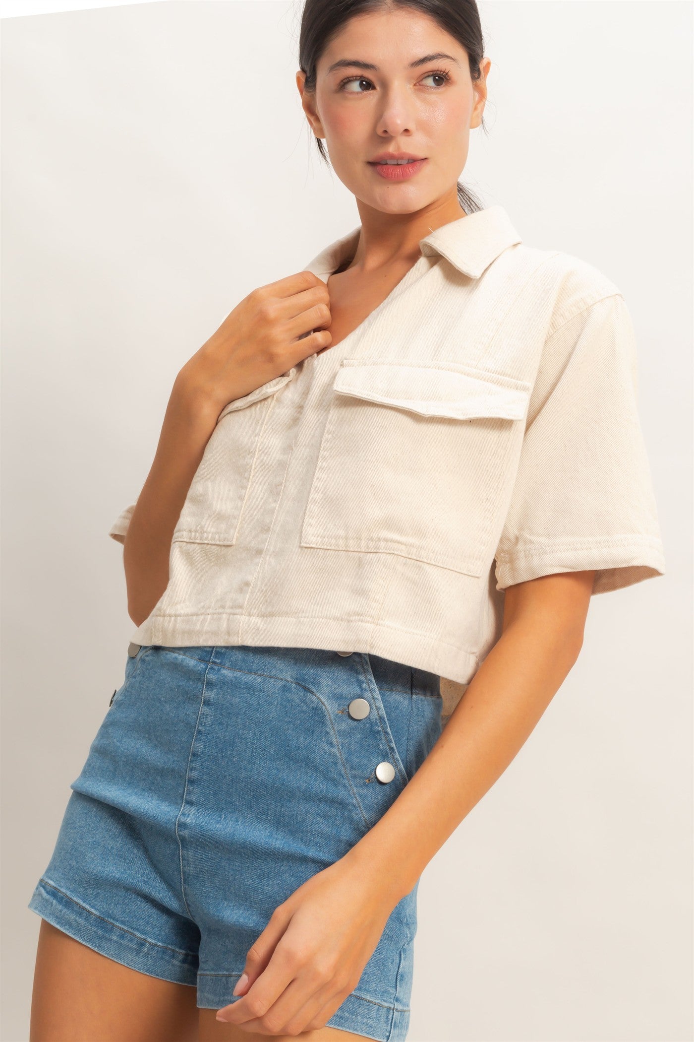 Wholesale Collared V-Neck Top Clothing Tops HF26E444 OATMEAL HYFVE
