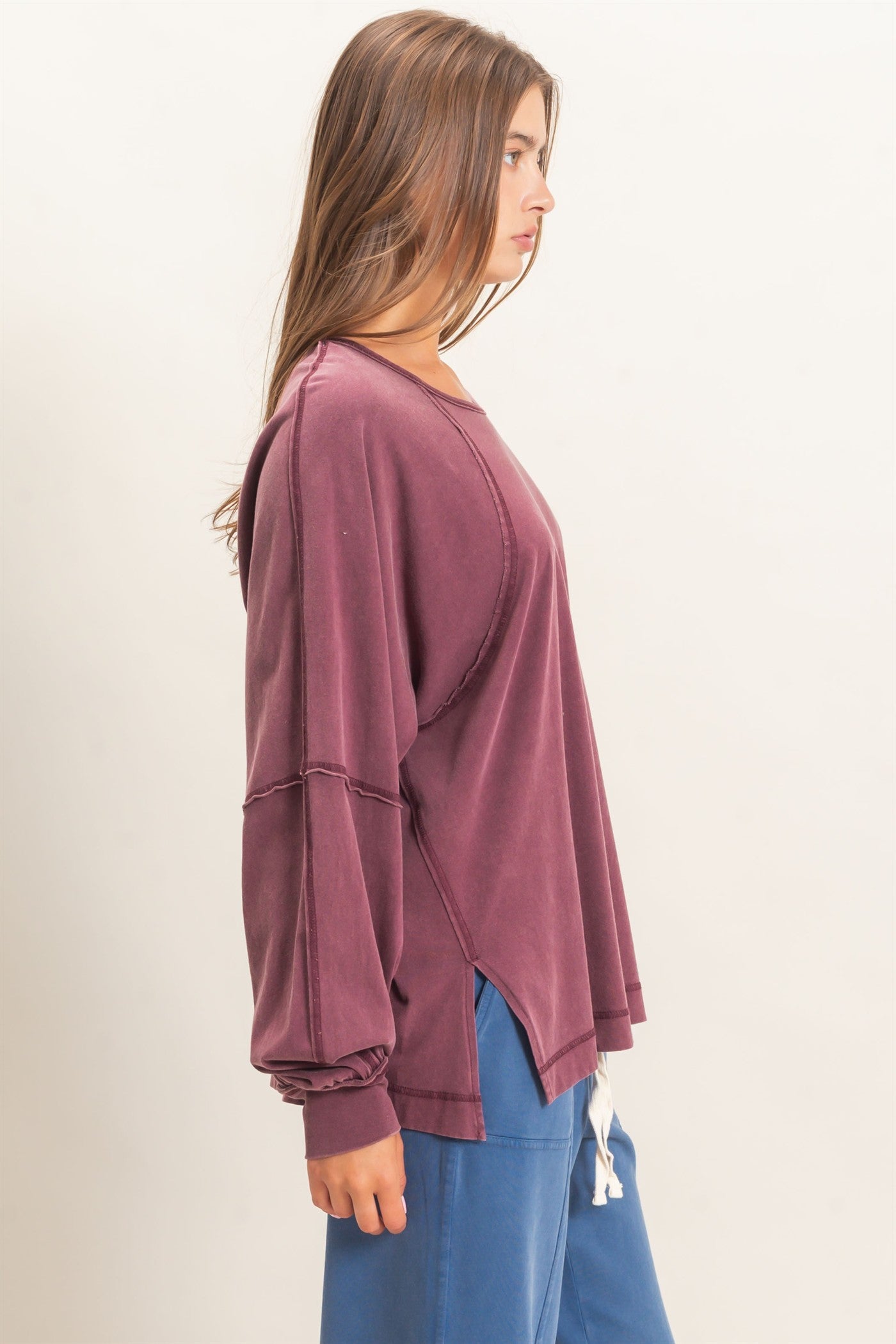 Wholesale Raglan Sleeve Snow Wash Top Shirts DZ26E945 DARK CHERRY DOUBLE ZERO
