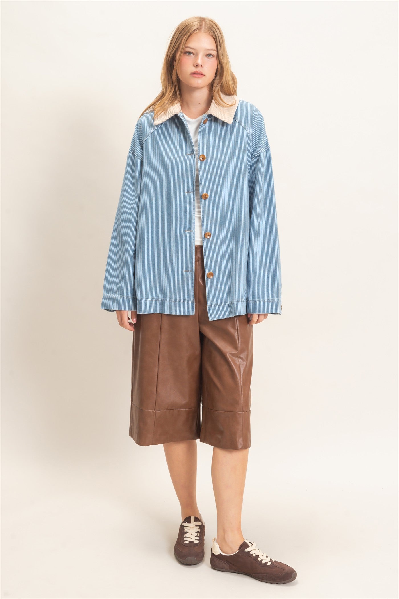 Wholesale Pinstripe Denim Jacket Coats & Jackets HF26C006 LIGHT DENIM HYFVE