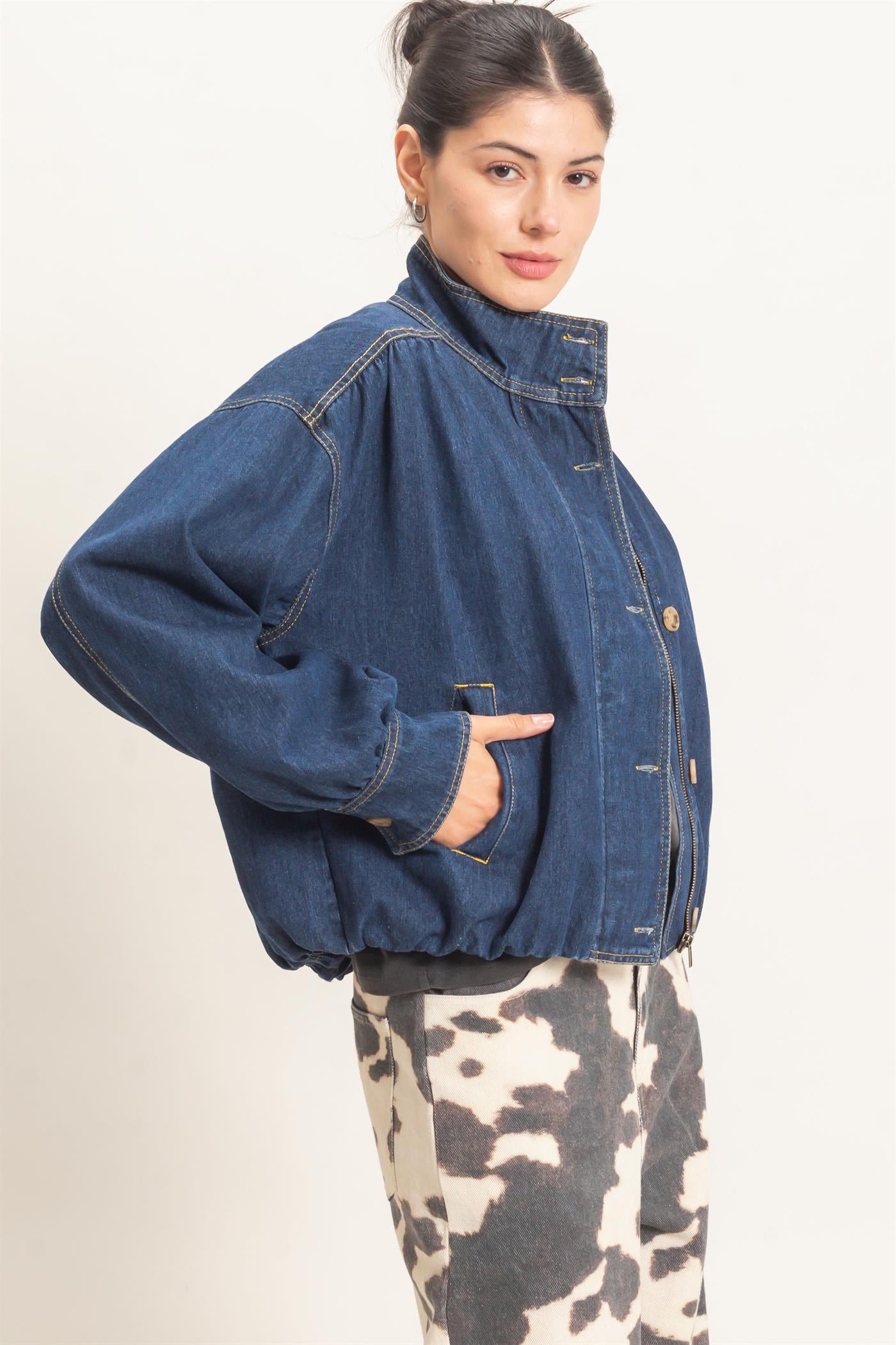 Wholesale High Collar Denim Bomber Jacket Coats & Jackets HF26E090-D DARK DENIM HYFVE