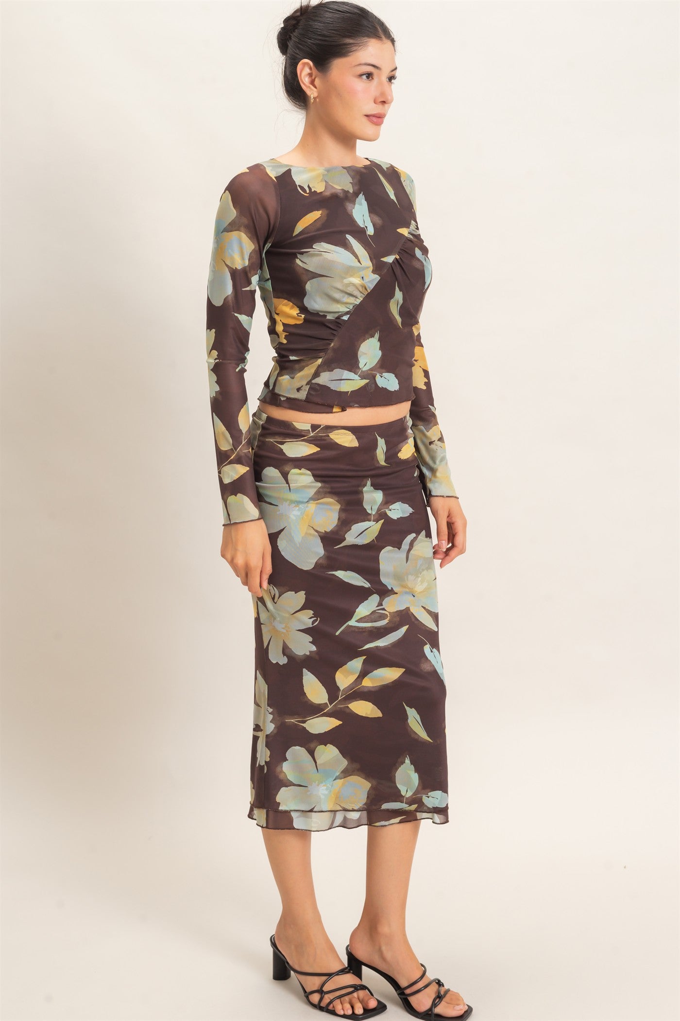Wholesale Floral Mesh Top And Skirt Set Clothing HF26C933-SET BROWN HYFVE