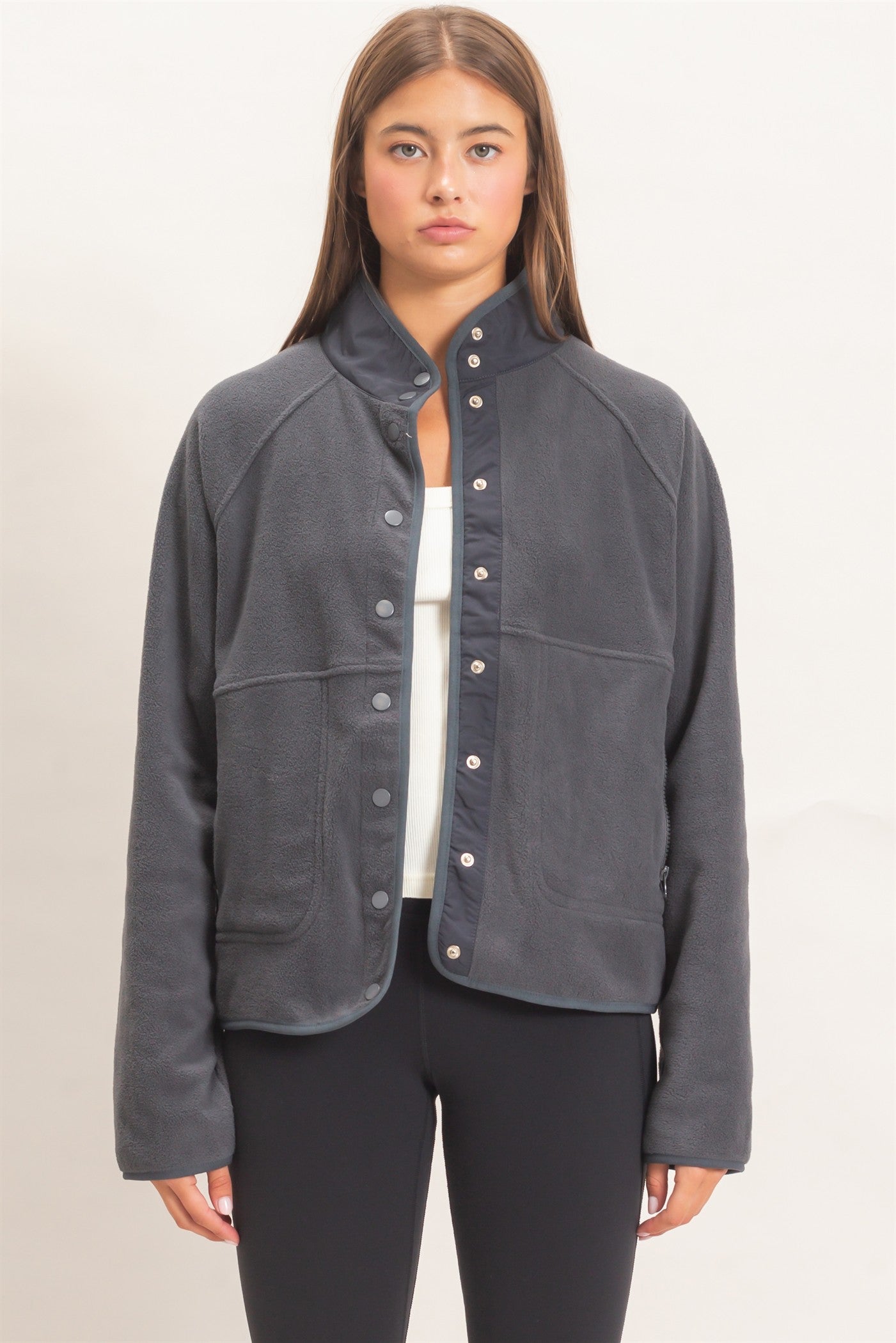 Wholesale Fleece Jacket With Button Front Coats & Jackets DZ26F086 DARK GRAY DOUBLE ZERO