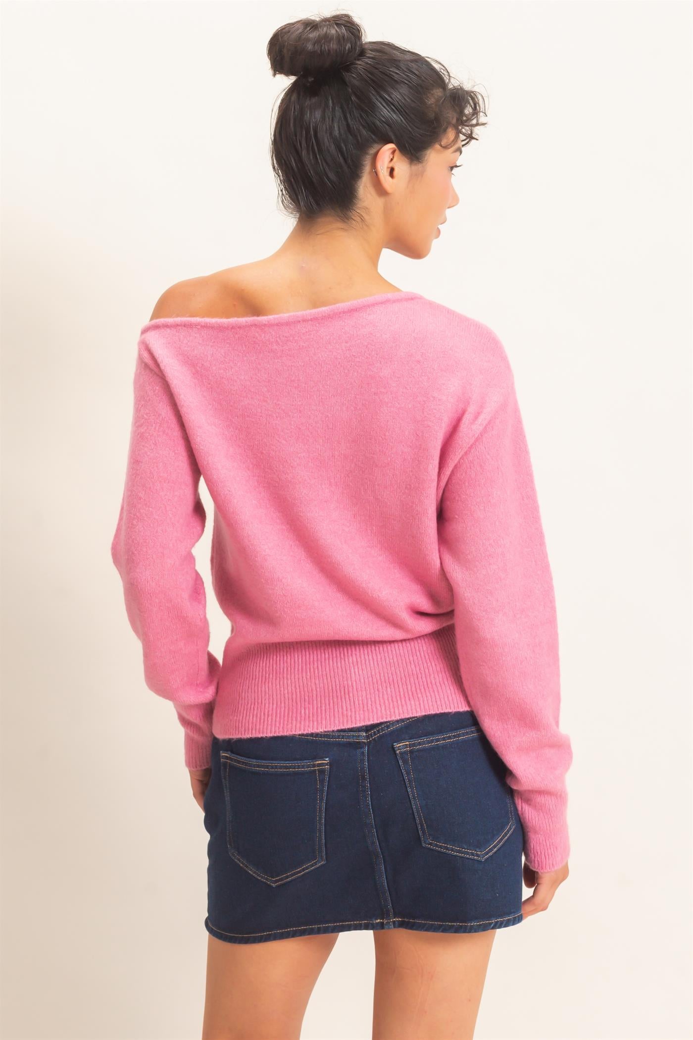 Wholesale Off The Shoulder Sweater Top Sweaters DZ26F290 PINK DOUBLE ZERO