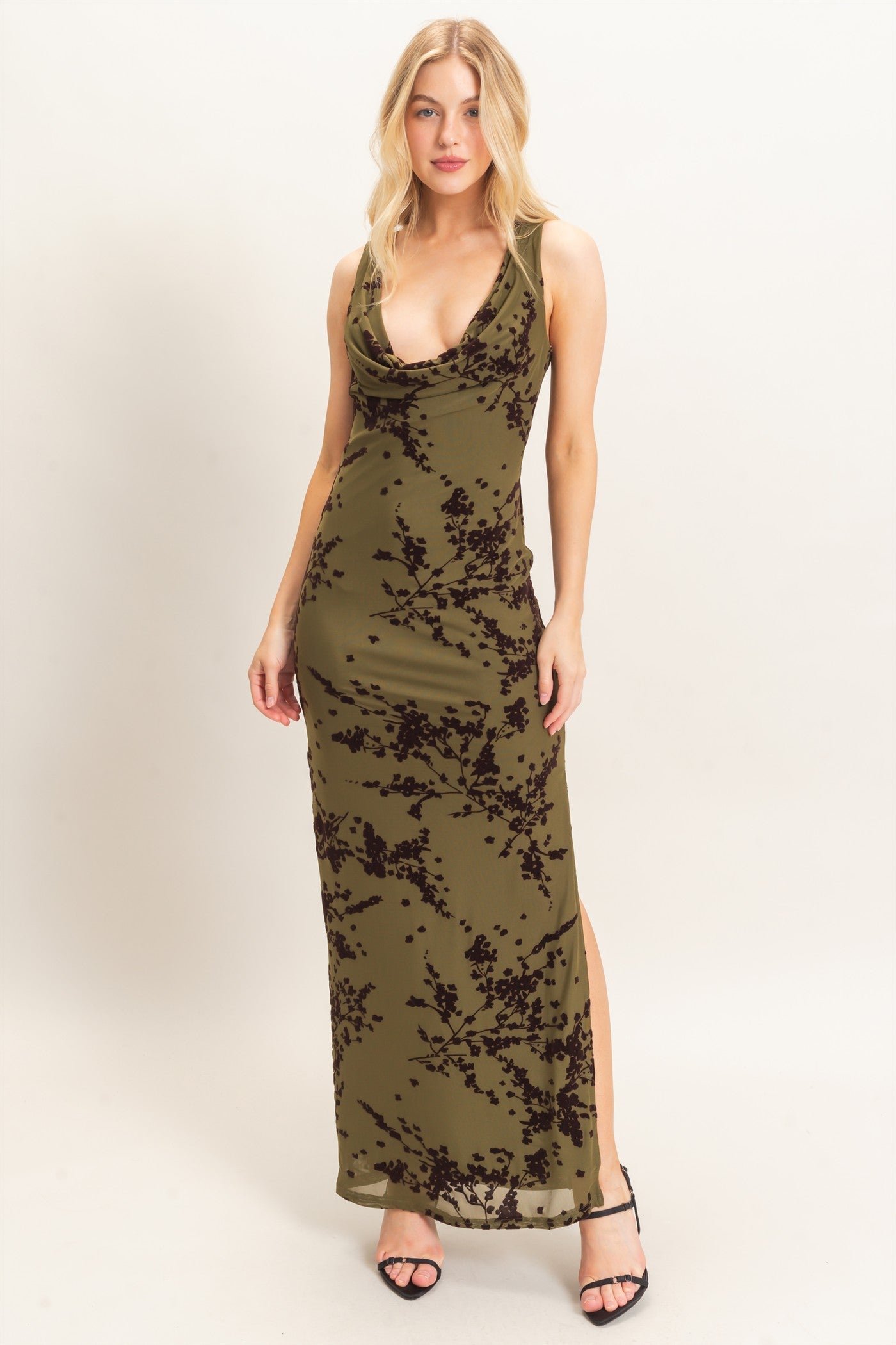 Wholesale Draped Cowl Neck Sleeveless Dress Dresses HF26C728 OLIVE HYFVE