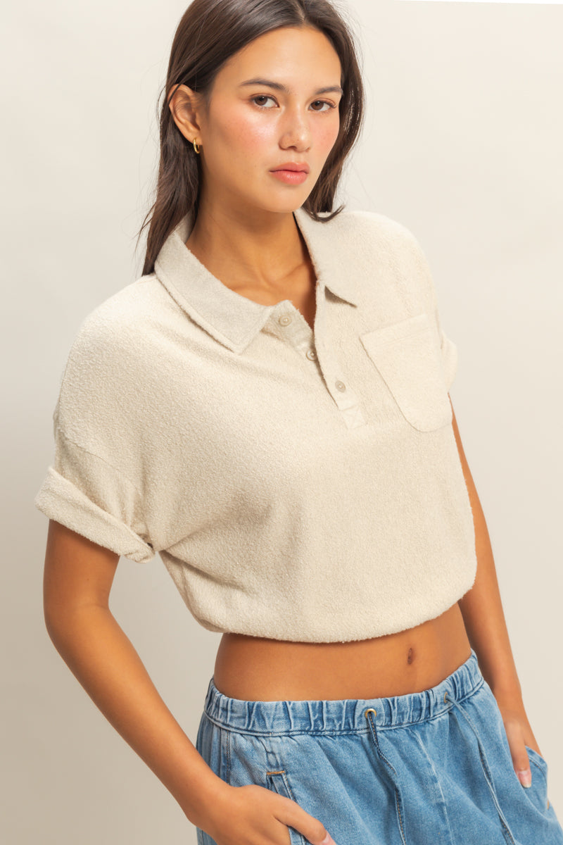 Wholesale Collared Short Sleeve Crop Top Clothing Tops DZ22A477 KHAKI DOUBLE ZERO