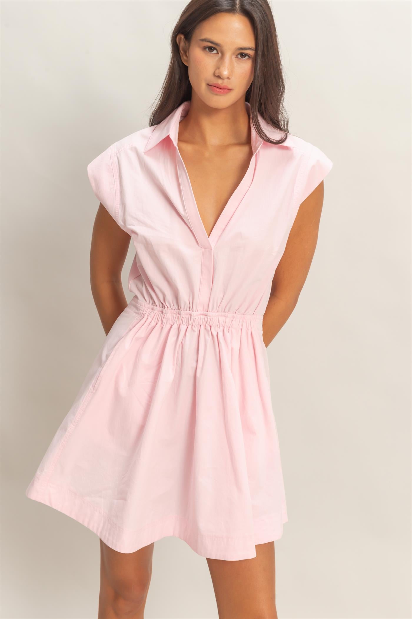 Wholesale Sleeveless Collared Shirred Mini Dress Dresses DZ26A751 SOFT PINK DOUBLE ZERO