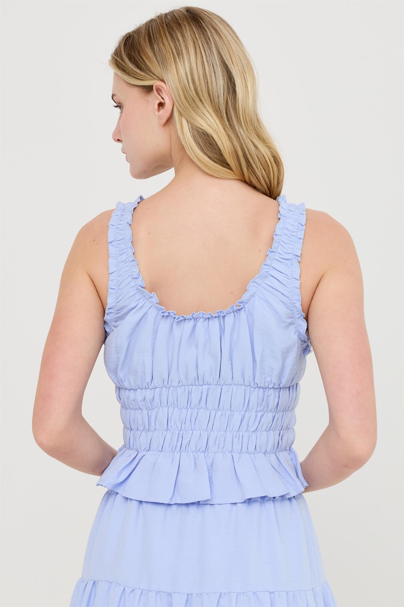 Wholesale Ruched Square Neck Smocked Top Clothing Tops HF26E388-D BLUE HYFVE