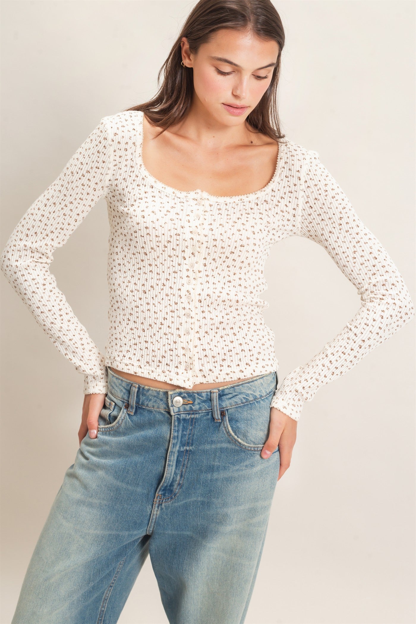 Wholesale Square Neck Button-Up Top Clothing Tops HF26E675 CREAM HYFVE