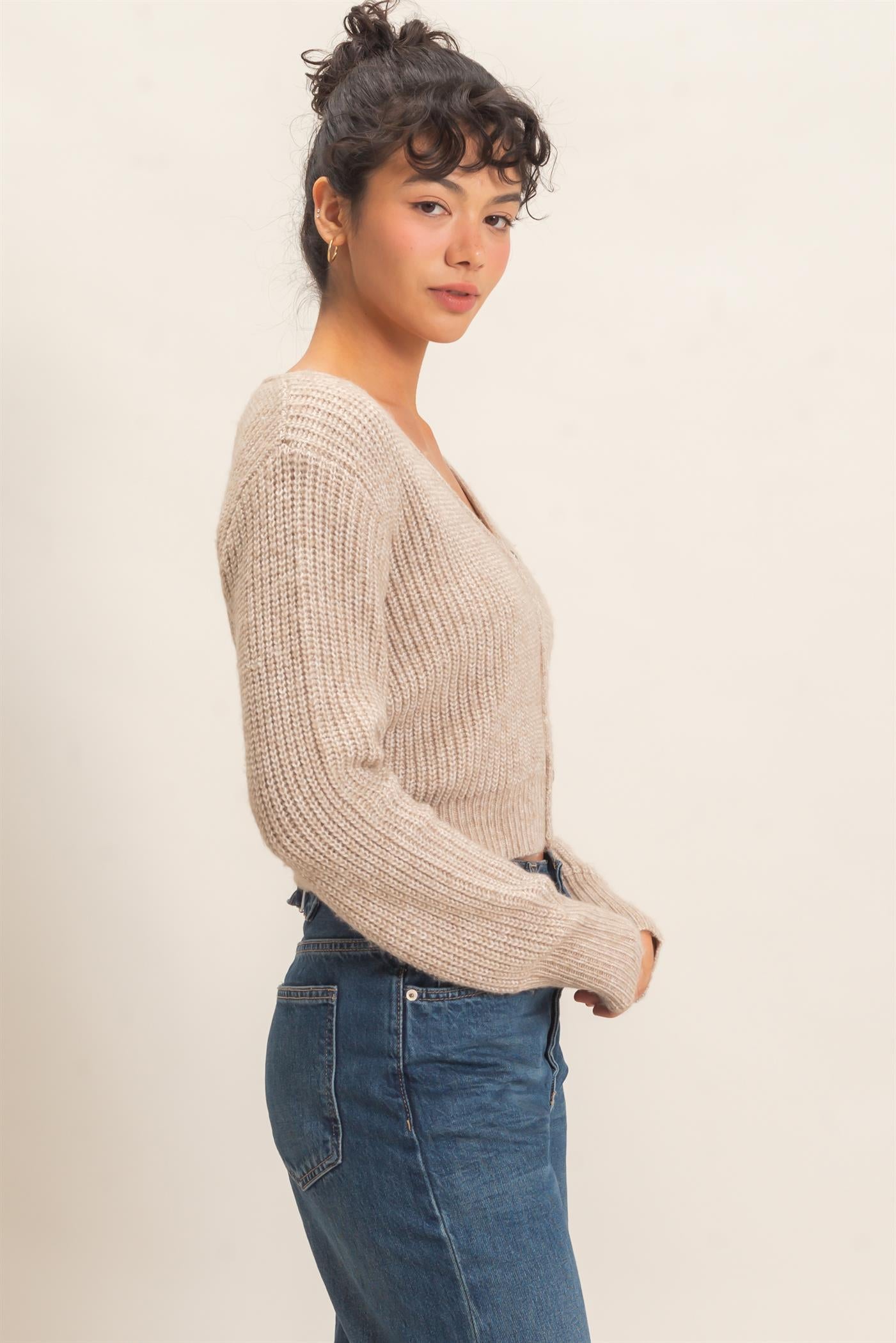 Wholesale V-Neck Ribbed Cardigan Cardigans DZ26E106 TAUPE DOUBLE ZERO