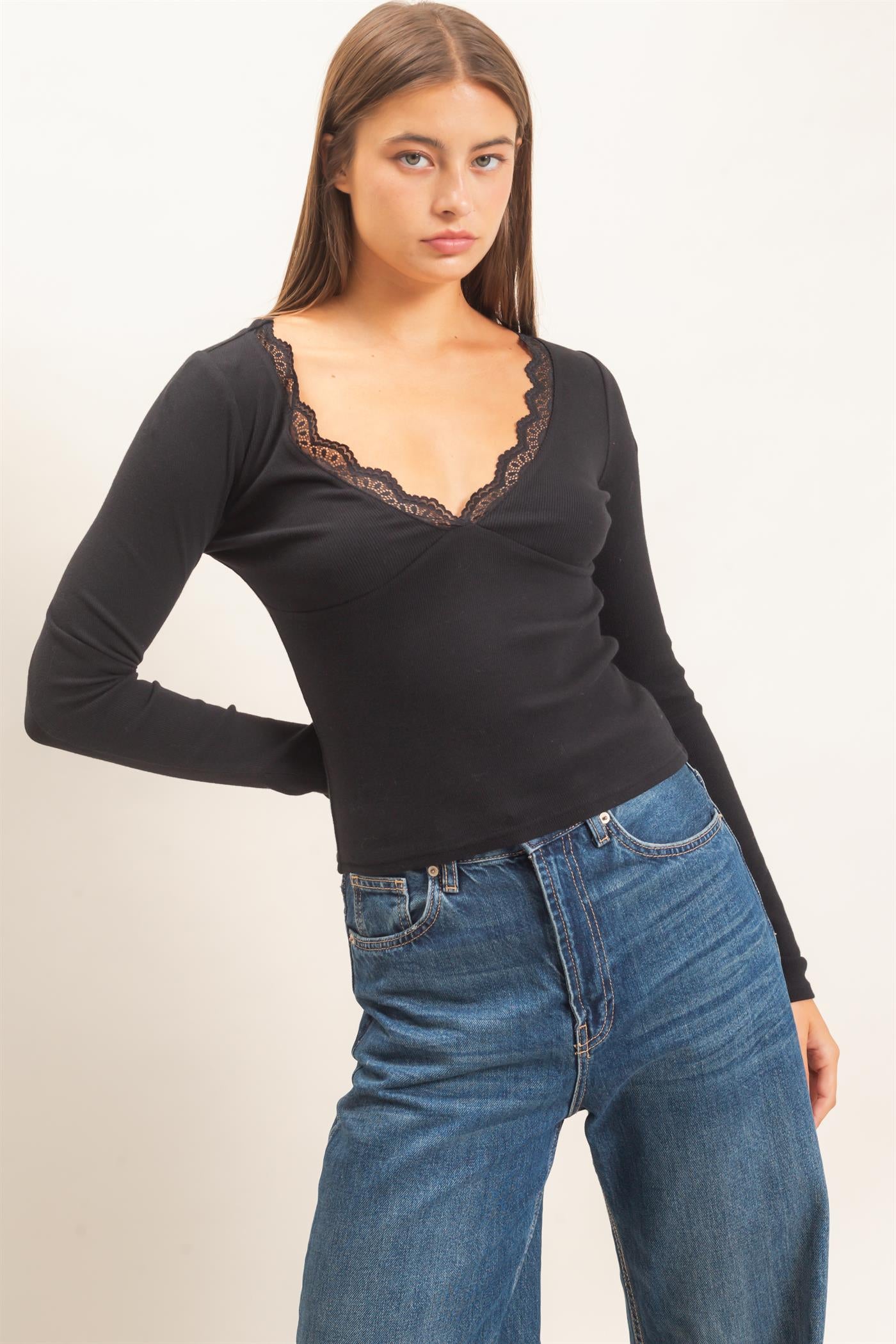 Wholesale Lace Trim V-Neck Top Clothing Tops DZ26E913 BLACK DOUBLE ZERO