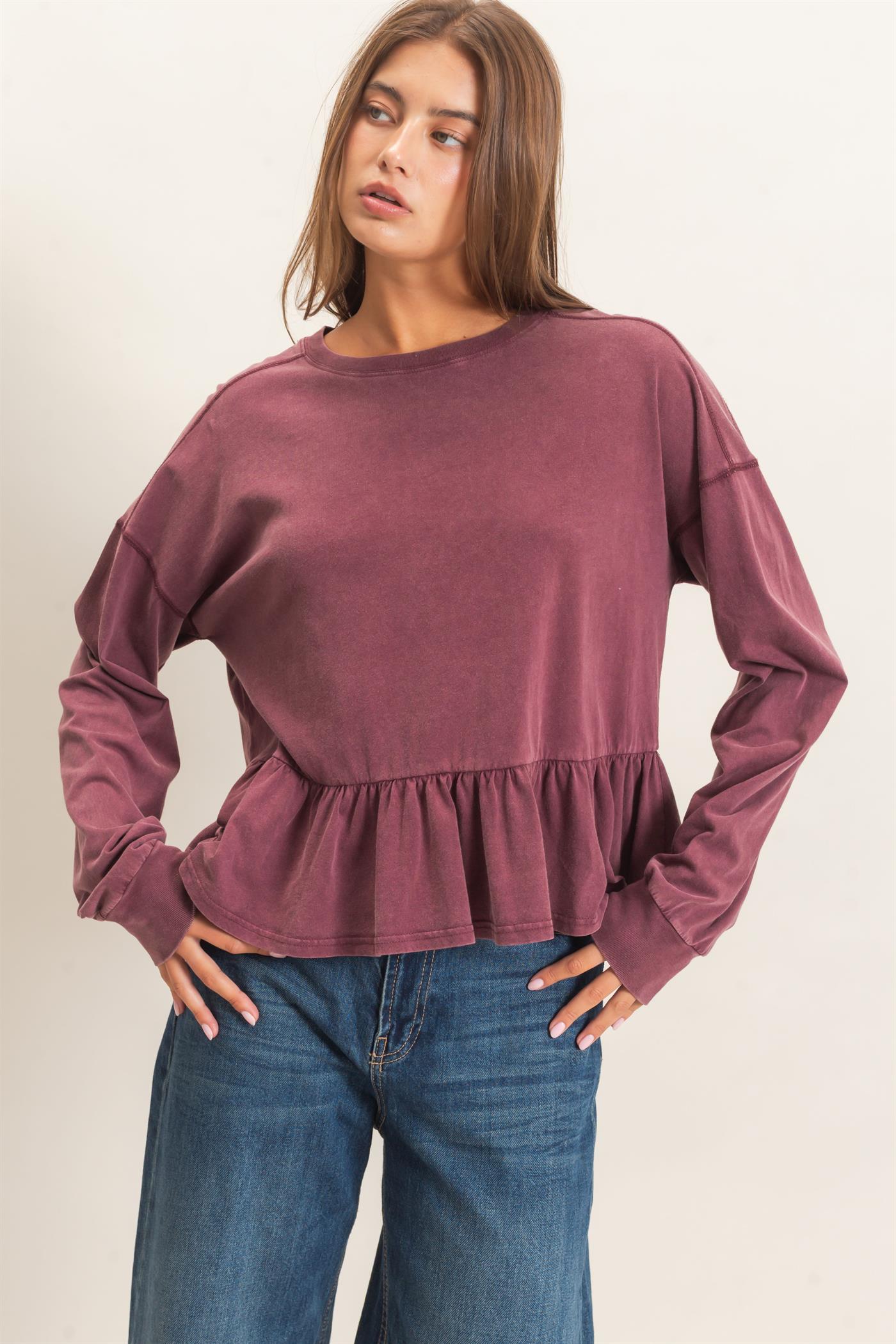 Wholesale Peplum Long Sleeve Top Clothing Tops DZ26F397 DARK CHERRY DOUBLE ZERO