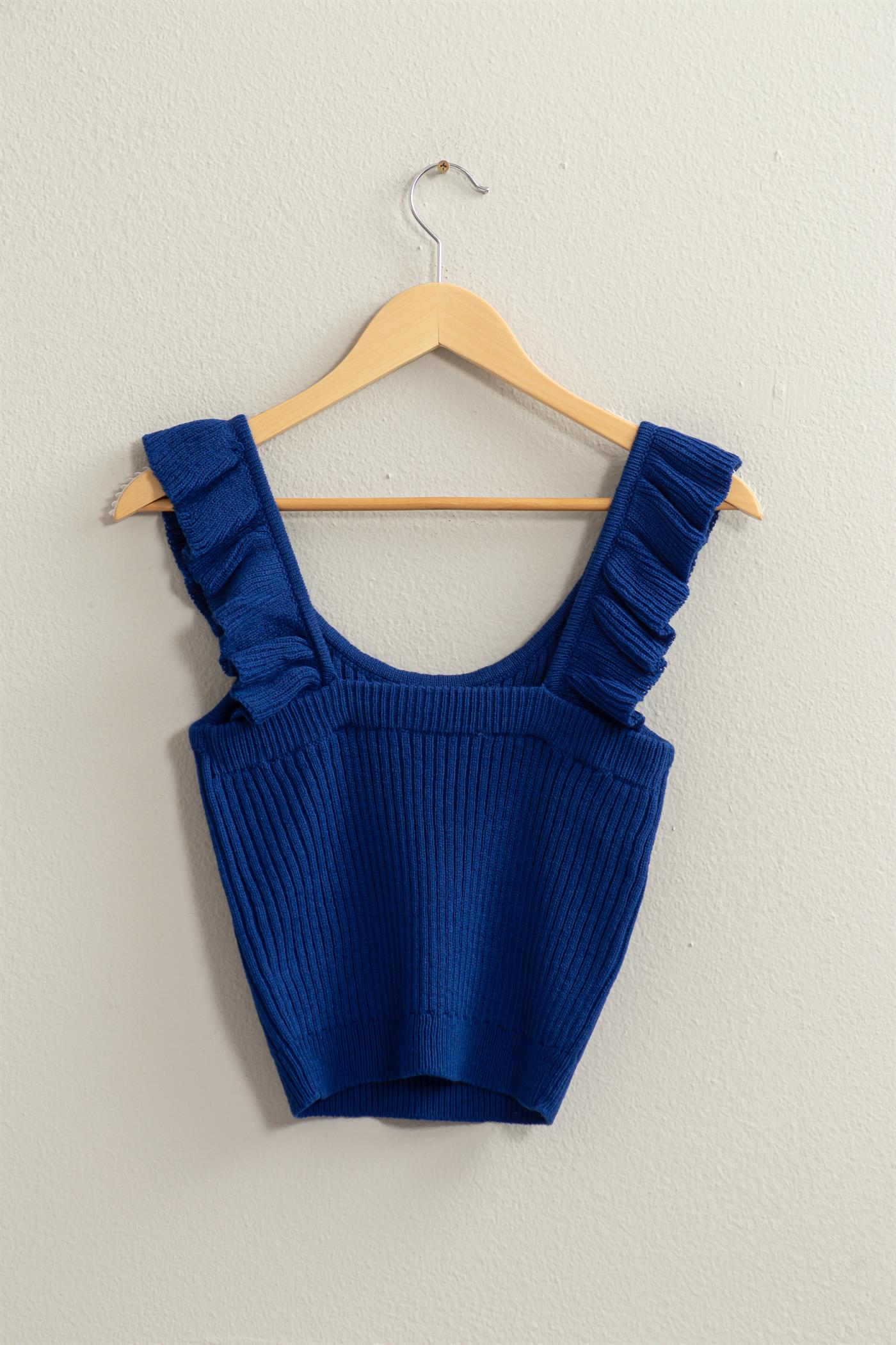 Wholesale Ribbed Ruffle Crop Top Clothing Tops DZ24A505 COBALT DOUBLE ZERO